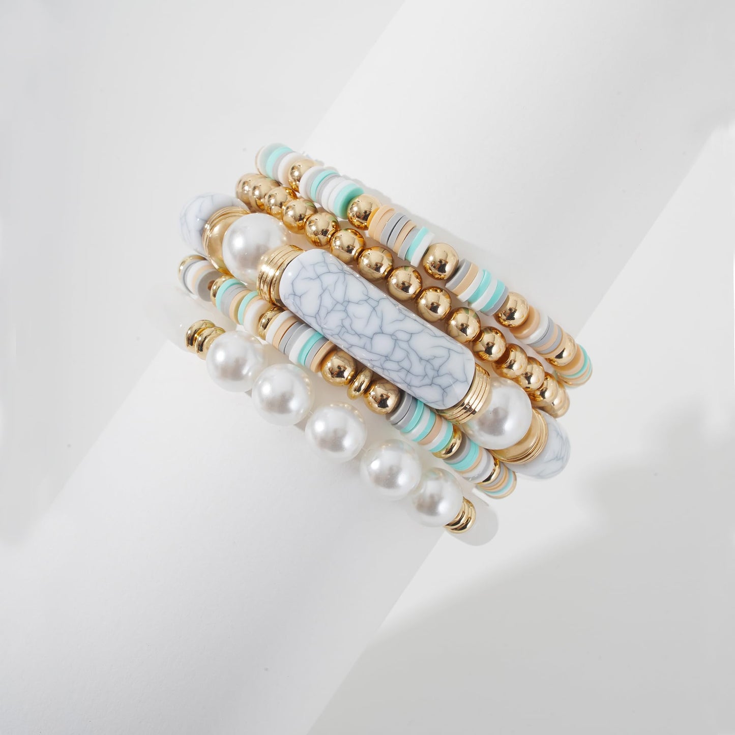 GOOJIDS Simple Beaded Gold Plated Bangles Bracelet Chunky Bamboo Tube Curved Stacking Clear Acrylic Colorful Beads Stretchable Gold Plated Bracelets Set For Women