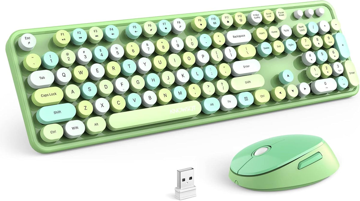KNOWSQT Wireless Keyboard and Mouse Combo, Green Colorful 2.4G Typewriter Full-Size Retro Keyboards - USB Receiver Plug and Play, for Computer, PC, Laptop, Desktop, Windows