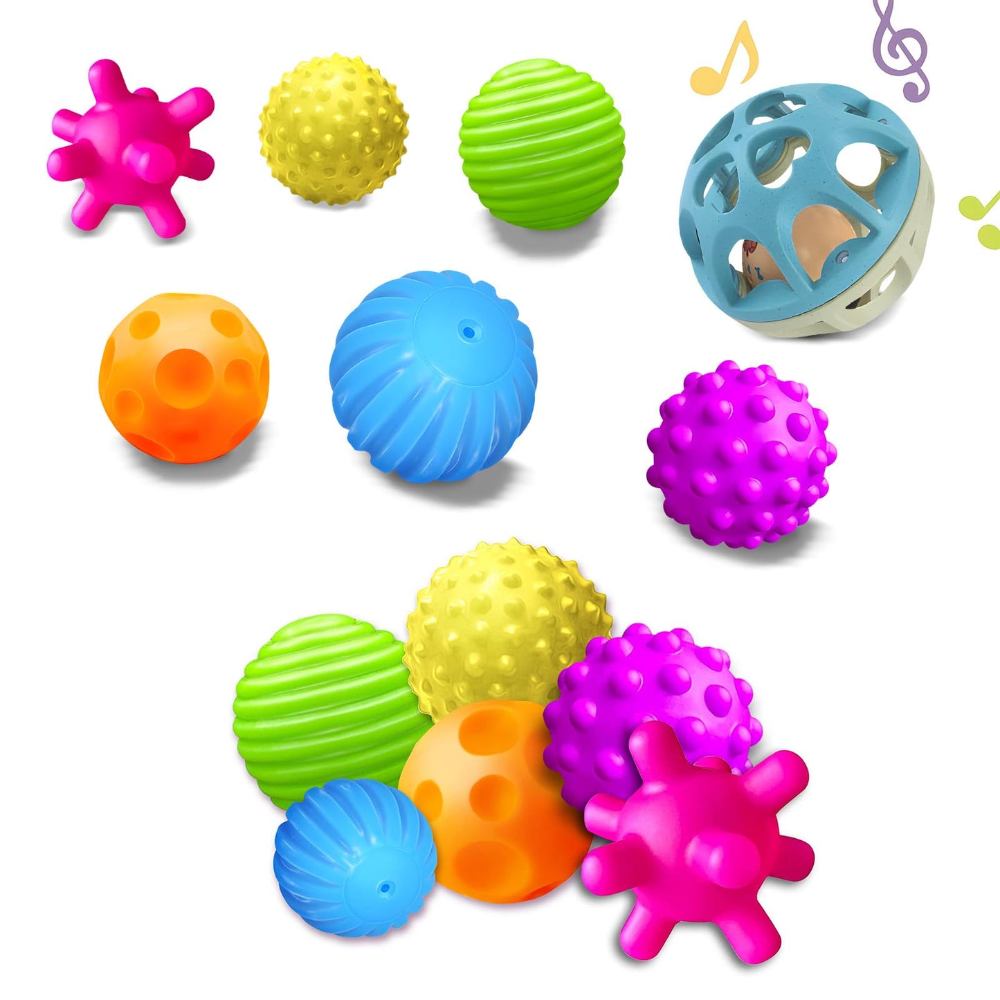 Montessori-Inspired Sensory Balls & Wheat Straw Rattle Set for Babies 6–12 Months & Toddlers 1–3 | Multi-Textured, Stress-Relief Baby Toys for Early Learning, Motor Skills & Gentle Massage