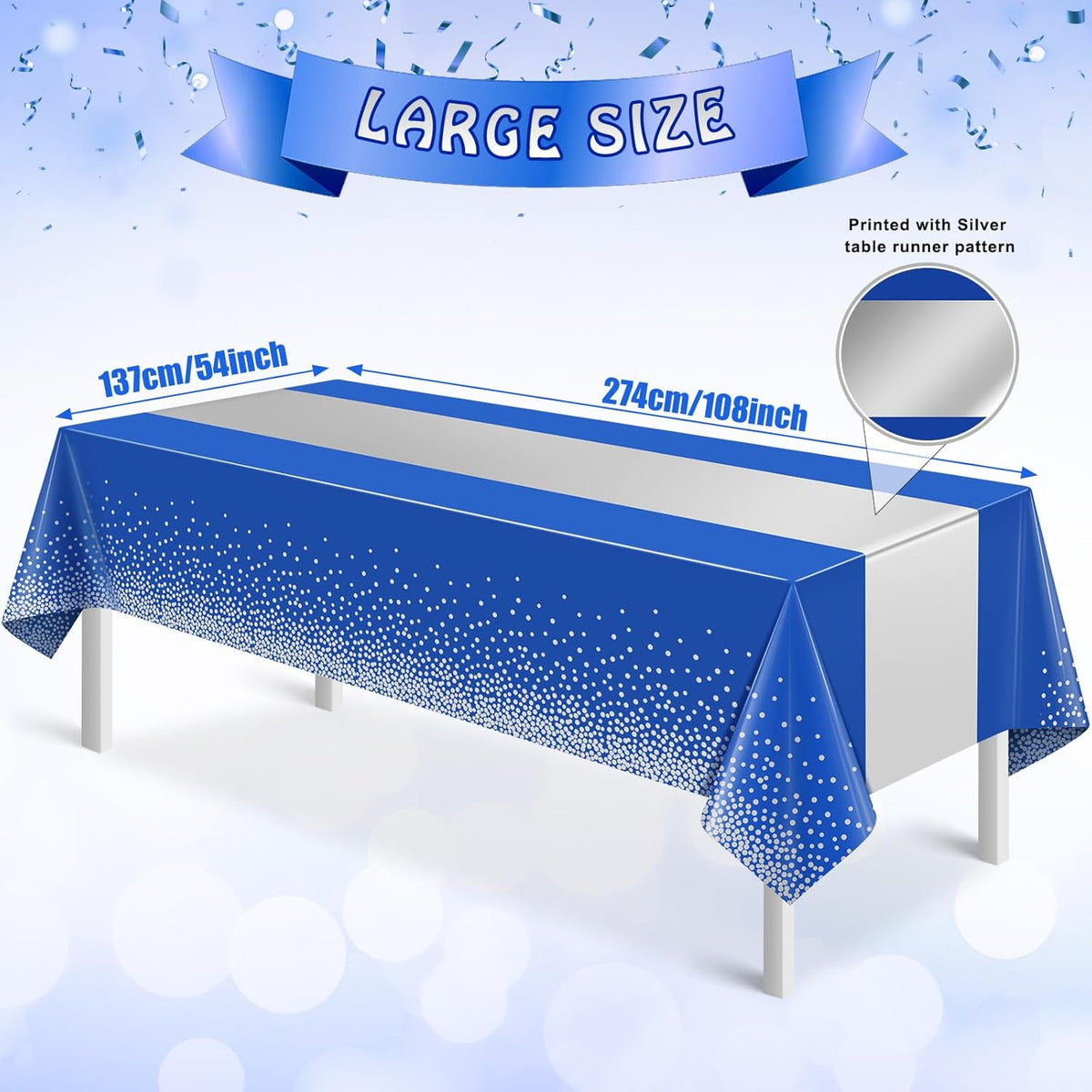 1Pcs Blue Silver Tablecloth Party Decorations,Plastic Royal Blue Table Cloth Printed Silver Table Runner Disposable Rectangle Tables Cover for Anniversary Wedding Graduation 2024 Party,54 x108 Inch
