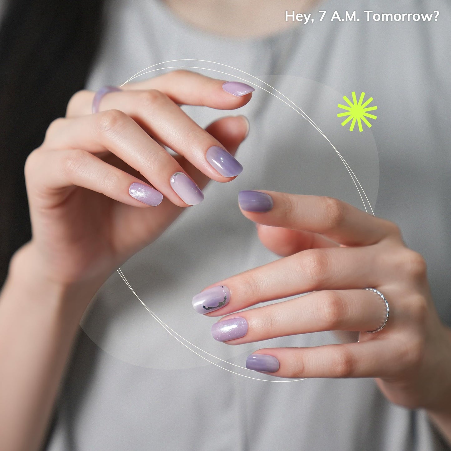 Heyhae Semi Cured Gel Nail Strips | No LED Lamp Needed | Glitter, Purple, Spring | Easy Apply & Remove, Salon Quality |Includes 28 Strips, 1 Prep Pads, Nail File & Wooden stick - Hey, 7 A.M. Tomorrow?
