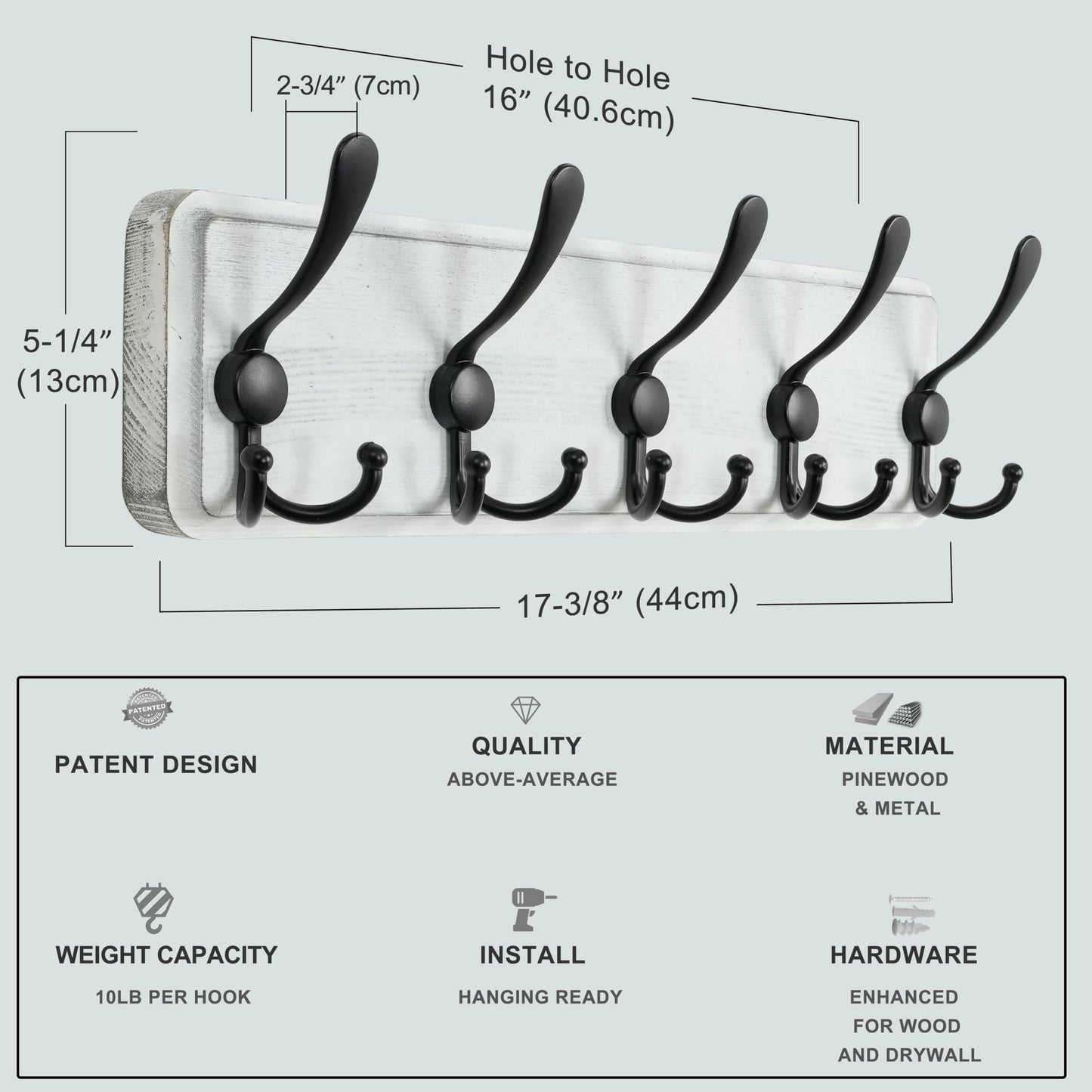 Dseap Coat Rack Wall Mounted - 5 Tri Hooks, Heavy Duty, Wooden Wall Coat Hanger Coat Hook for Clothes Hat Jacket Clothing, White & Black