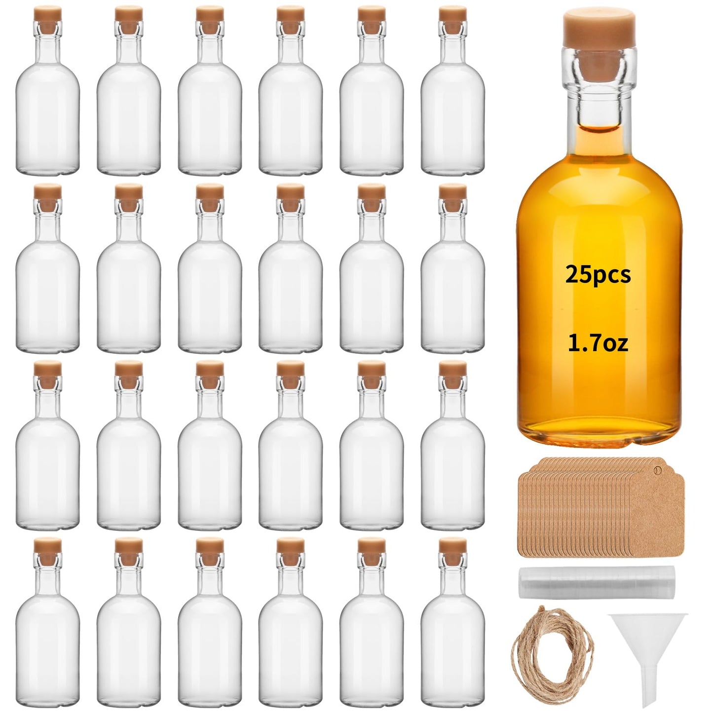 eispap 25 Pcs 1.7OZ Mini Glass Liquor with Lids Small Glass Wine Bottles Reusable Empty Alcohol Bottles for Christmas Birthday Weddings Party Favors (50ML25PC)