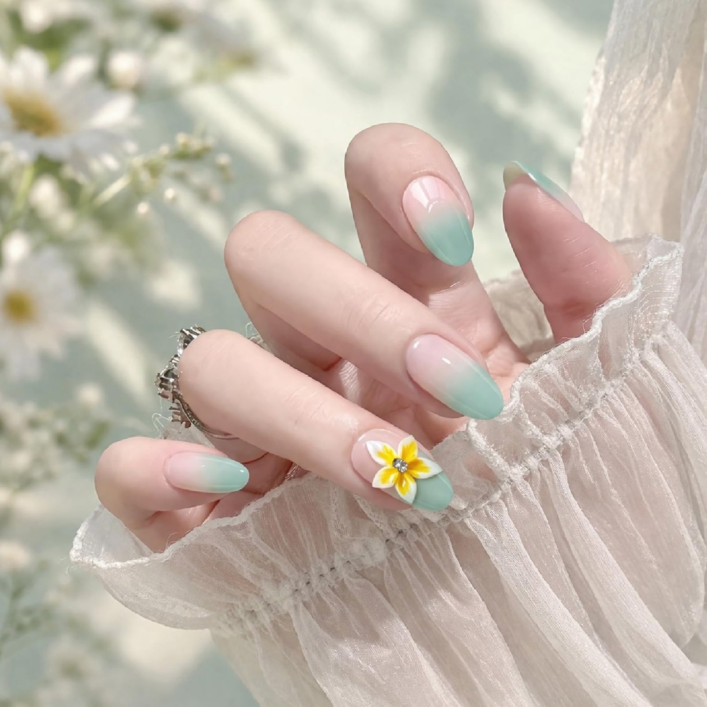 Threelegscat Summer Almond Handmade Press on Nails Medium 10PCS, Green Gradient Floral Fake Nails, Reusable Acrylic Nail Art Tips Forr Women Daily Wear Size M