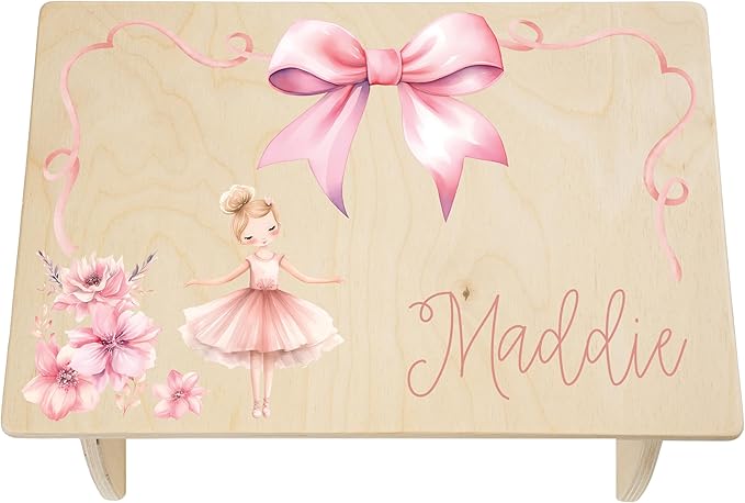Step Stool for Toddlers- Personalized Wood Kids Step Stool with Name for Kitchen Sink, Bathroom, Potty Training, Toilet, Kitchen Sink- Sturdy and Safe- Made in USA by BloomOwl (Ballerina)