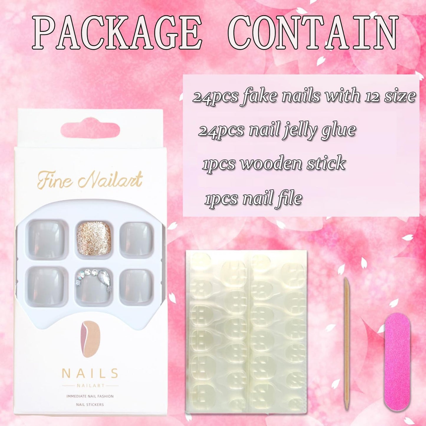 Vezocim Grey False Toenails Sets, Press on Toenails Coffin with Rhinestone Designs, Full Cover Artificial Acrylic Fake Nails for Toe, Glue on Toenails with Charm, Stick on Toe Nails for Women
