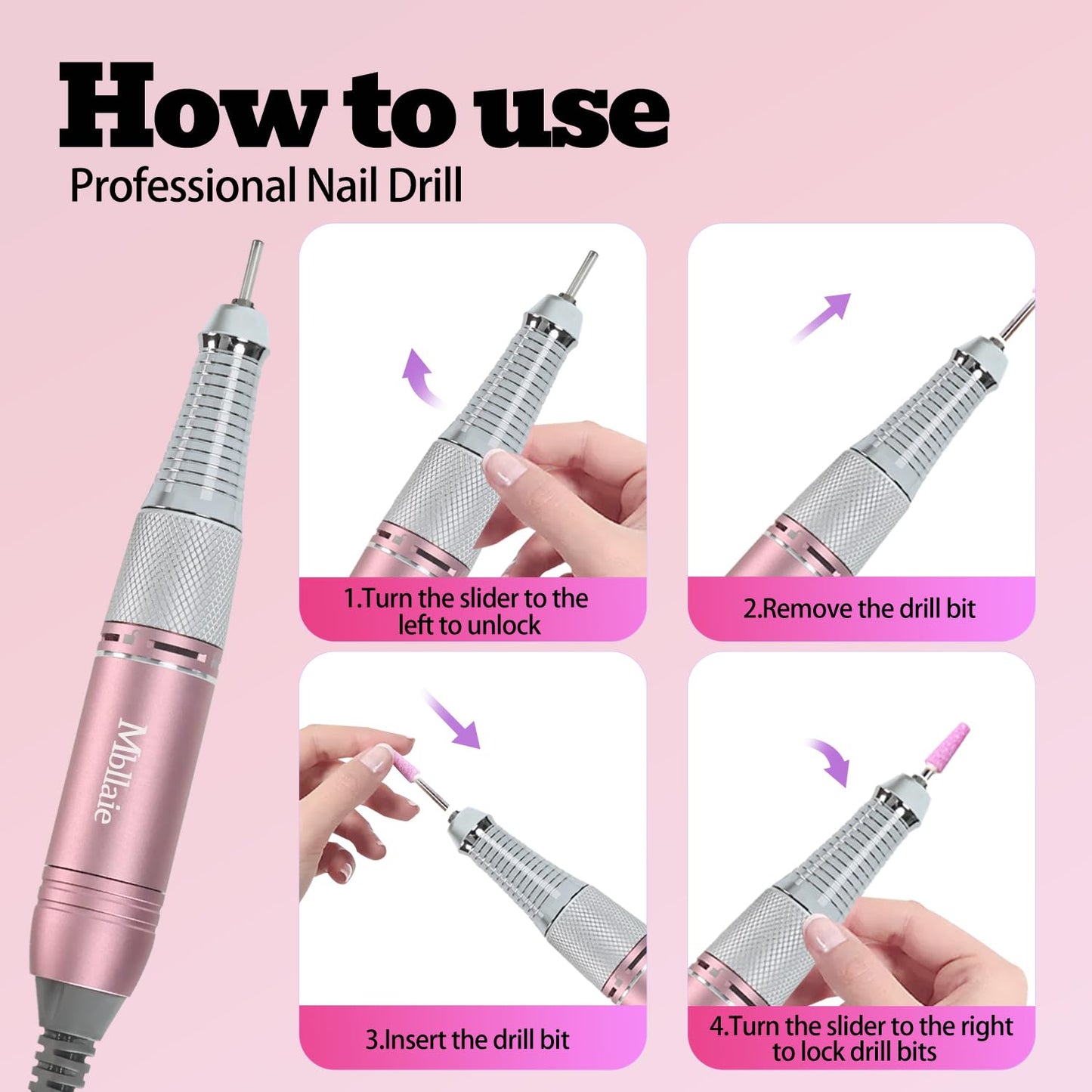 Professional Nail Drill File 45000RPM Electric Portable Nails Drills Kit with Rechargeable 7 uñas Bits Cordless Efile for Poly Gel Acrylic Nails Remover Home Salon Pedicure Manicure Tool (Rose Pink)
