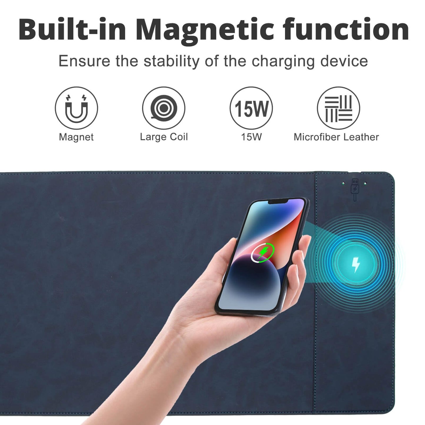 Hi-HONX Magnetic Wireless Charging Desk Pad, Office Desk Mat with Wireless Charger, Waterproof and Scratch-Resistant Large Mouse Mat, Microfiber Leather Mouse Pad for Office and Home Use, Blue Color