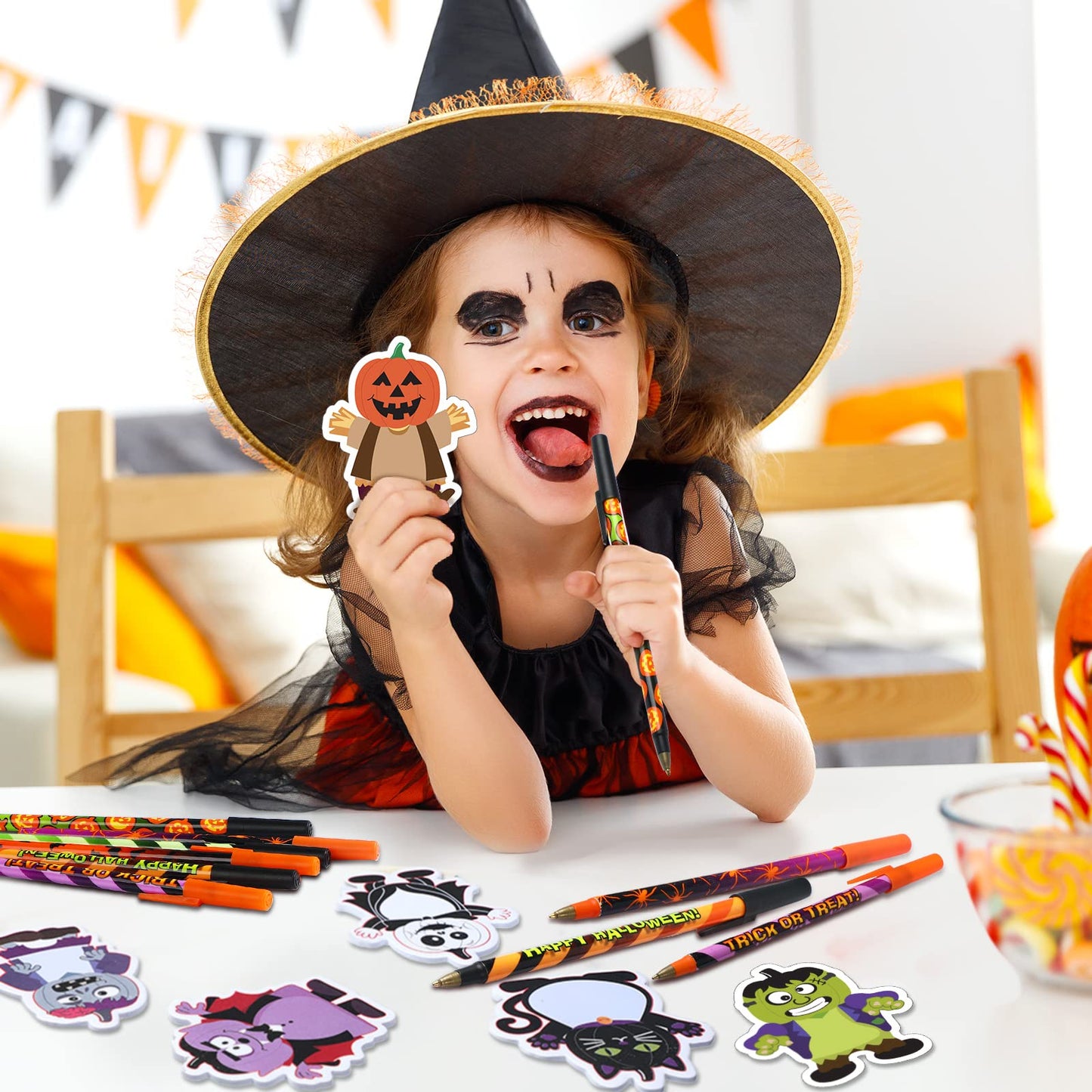 480 Sheets Halloween Sticky Notes 24 Pcs Halloween Ballpoint Pens and 24 Pads Halloween Sticky Notepad for Halloween Party Favor Gift Office Supplies