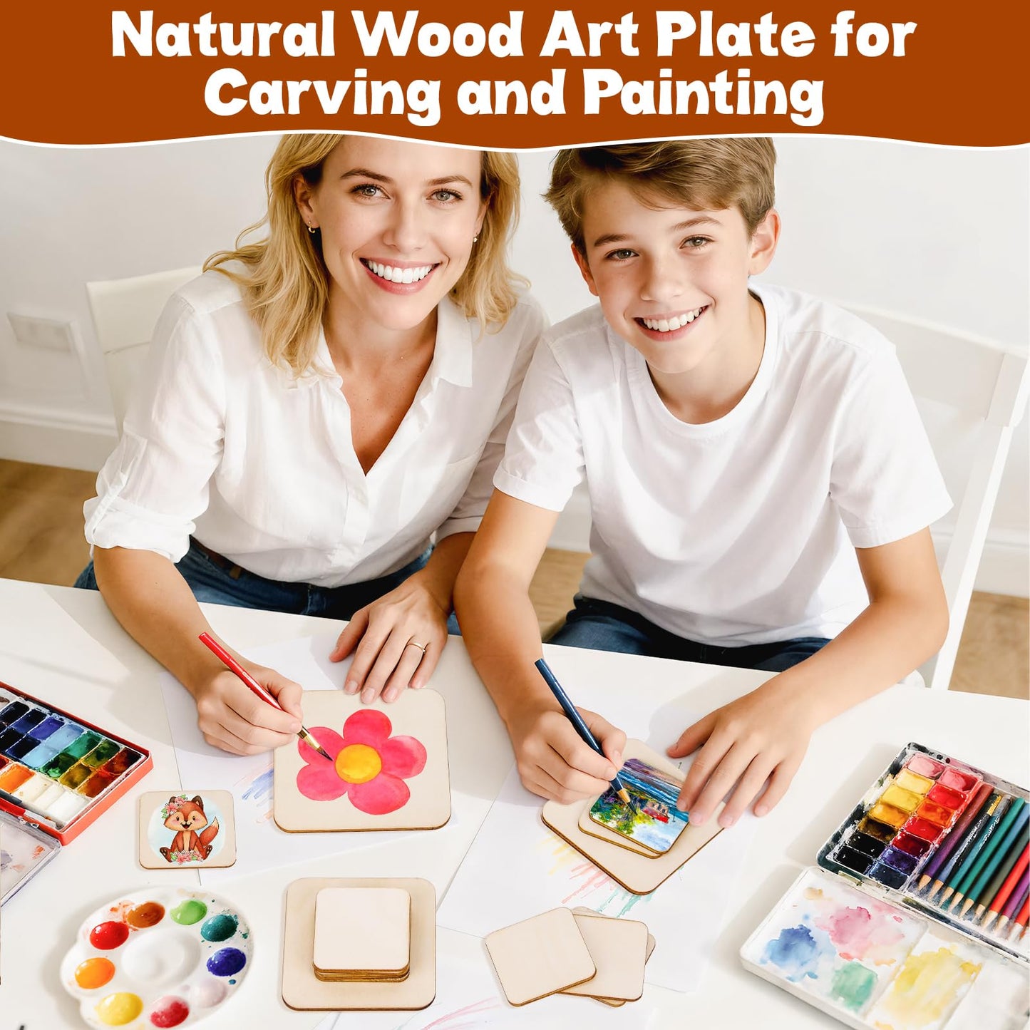 Meetory 42 Piece Unfinished Blank Wood Square,3 Different Size Wood Square Slices Cutouts for DIY Arts Craft Project, Pyrography Art, Painting Writing and Decoration(3 Sizes, 2", 3", 4")