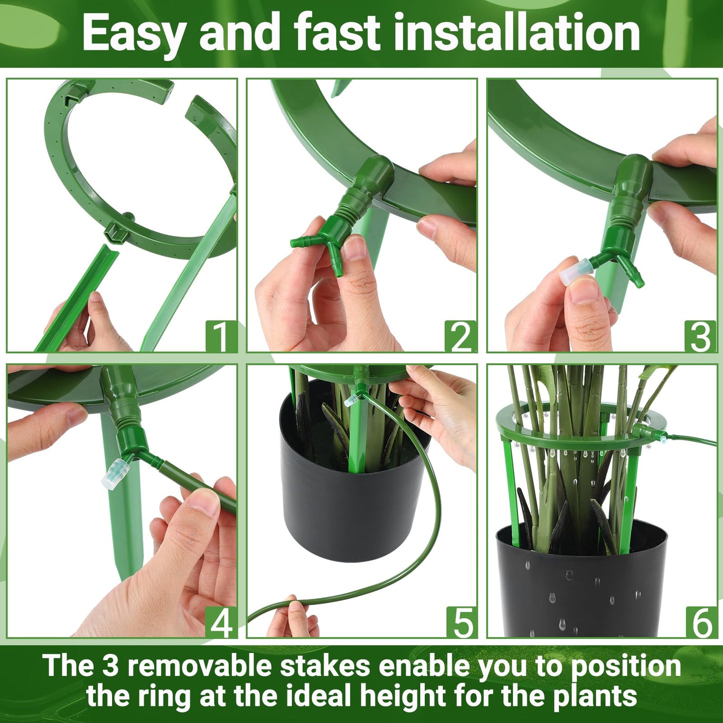 Tujoe 4 Sets Water Ring 3 Leg Support Drip Emitter Drip Ring with 1/8 Inch Barbed Inlet Fitting Removable Stakes for Grow Media Irrigation System Rain Watering Tree Plants, Green (12 Inch)