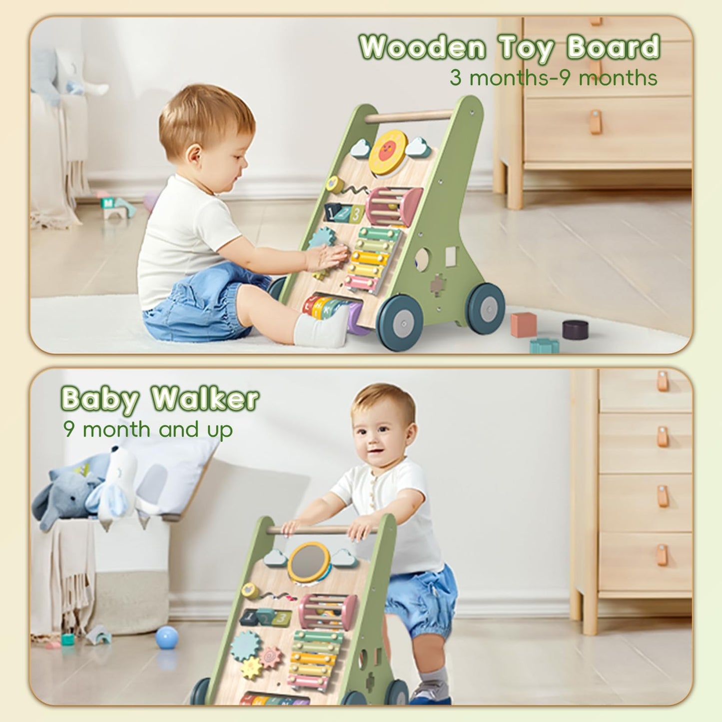 Bautia Wooden Baby Walker, Montessori Walker for Babies 6-12 Months, Push Walking Toys for 1 Year Old Learning to Walk