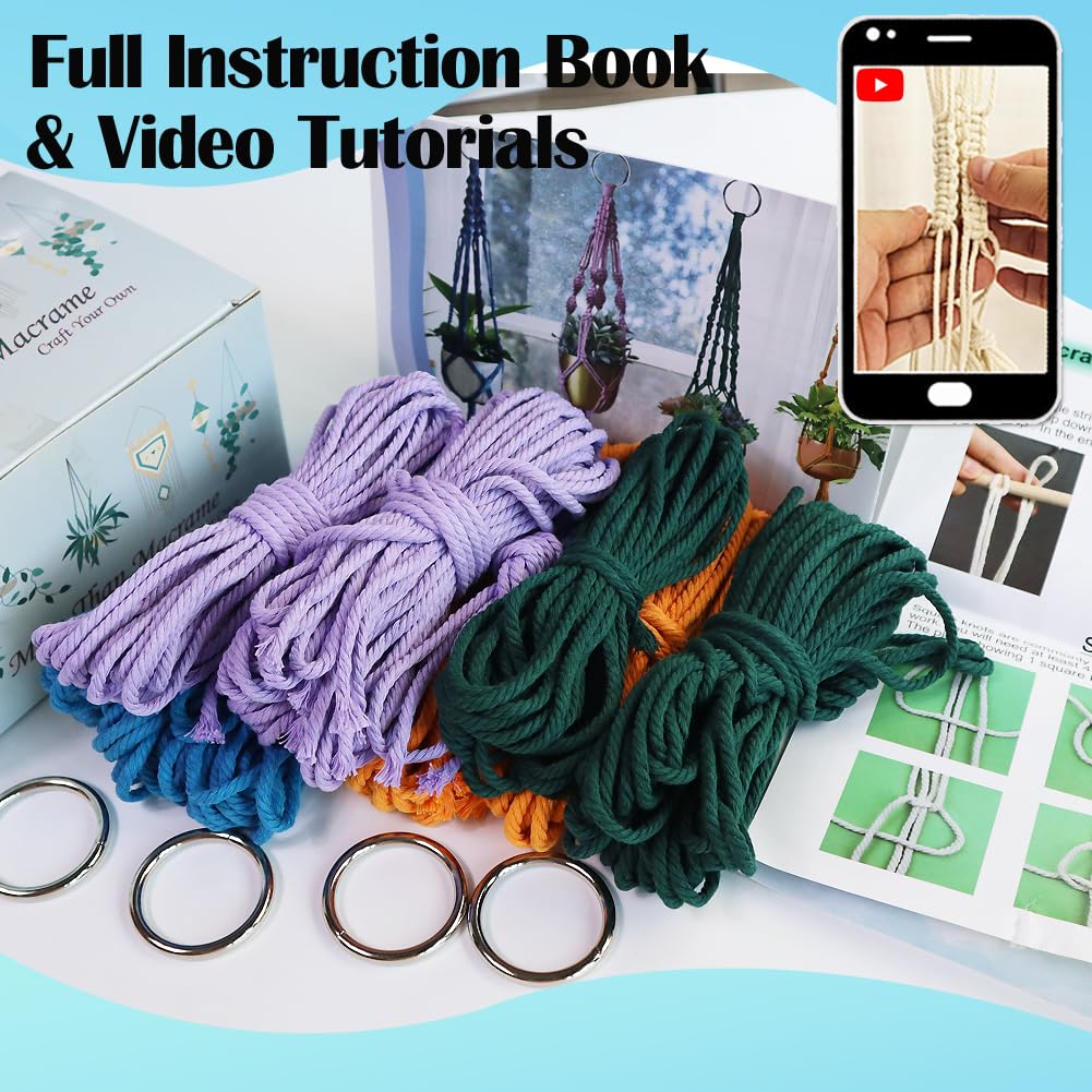 Ewparts Macrame Plant Hanger Kit with Instruction Book Tutorials Metal Rings 4mm Macrame Cord Green/Purple/Orange/Blue Pre-Cutted for Making 4 Macrame Plant Hangers Macrame Kit for Adults Beginners