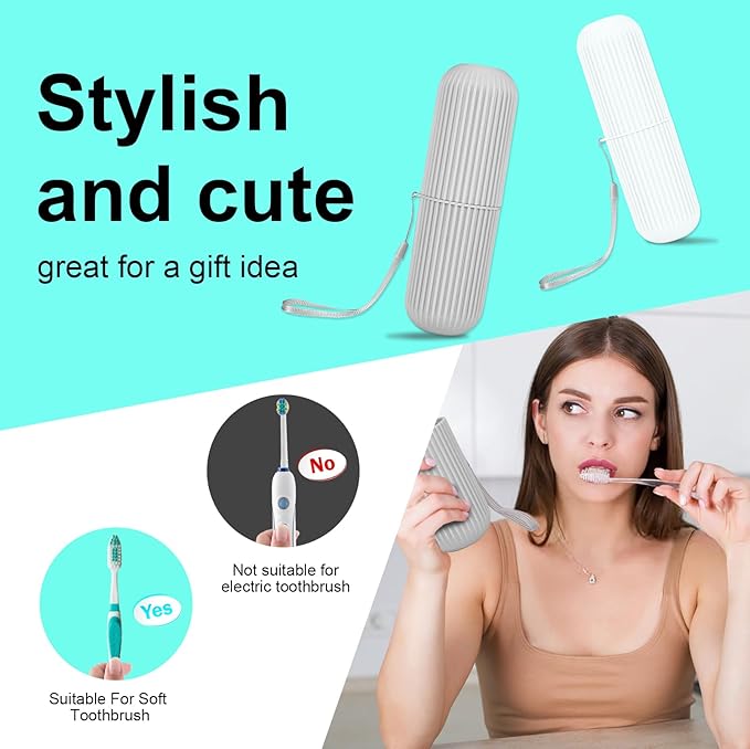 UCEC Toothbrush Case for Traveling, Portable Toothbrush Holders Travel Case, 7.7" x 2.36" x 2.36" Toothbrush Holders for Travel, Camp, Home, School, Business, Bathroom,2 Pack (Grey, White)