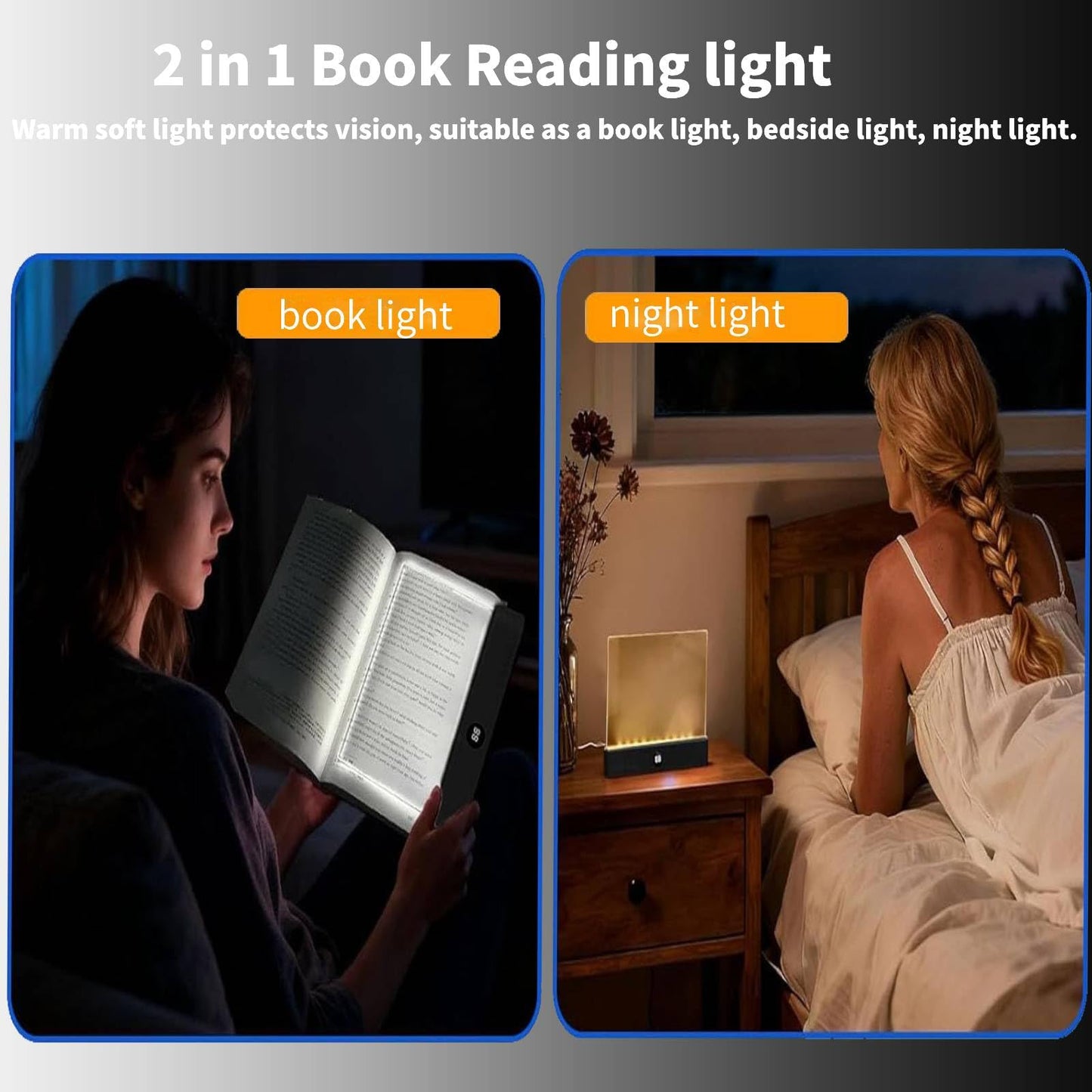 AAESG Book Lights for Reading at Night,Rechargeable LED Reading Light with 3 Colors & Timer, Eye Protection Dimmable Full Page Panel Plate Lamp Which Don't Disturb Your Partner's Sleep