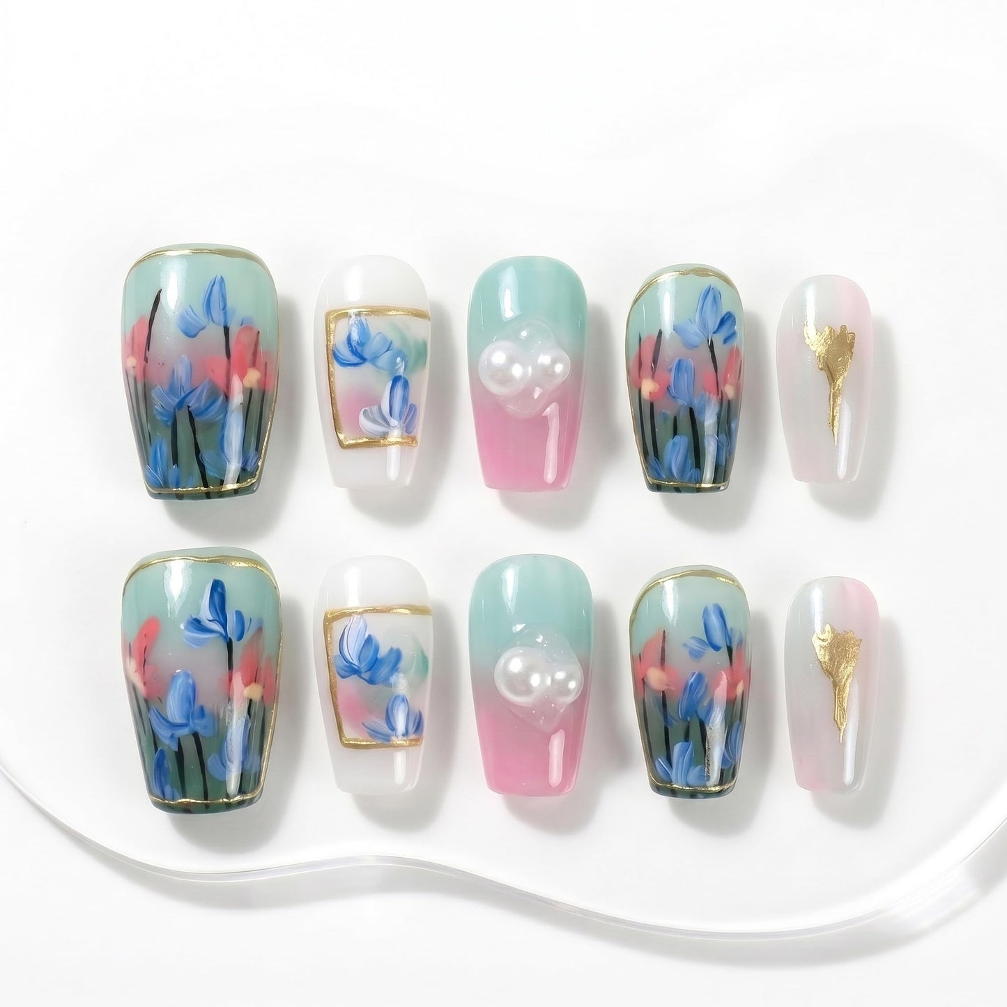Sun&Beam Nails Handmade Press On Nails Short Square Nude Pink Blue Floral Glossy 10 Pieces Easy At Home Manicure for Everyday Wear (#013 S)