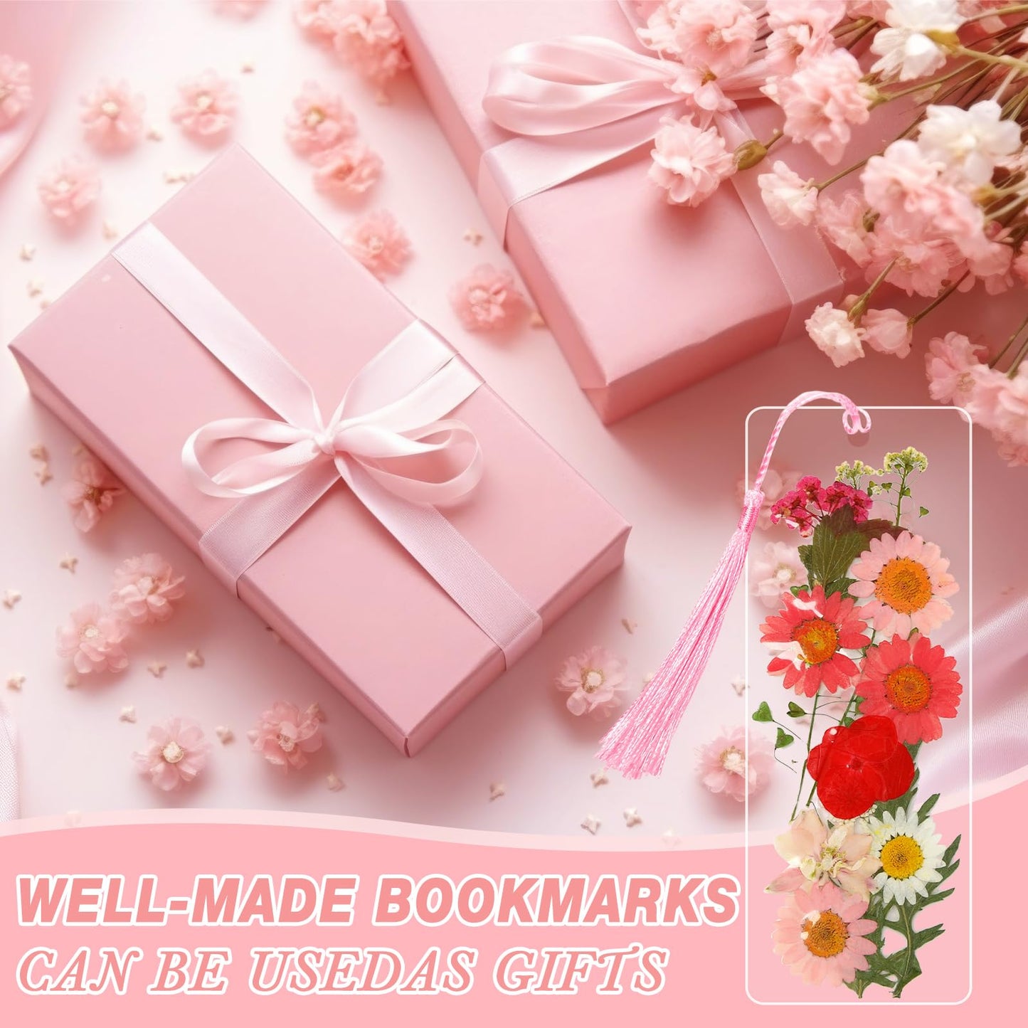 AmazingSpark 222 Pcs Dried Flower Bookmark Making Kit Include DIY Pressed Flower Colorful Tassels Ribbons and Transparent Bookmark Laminating Pouches 2 x 6 Inch(Pink)