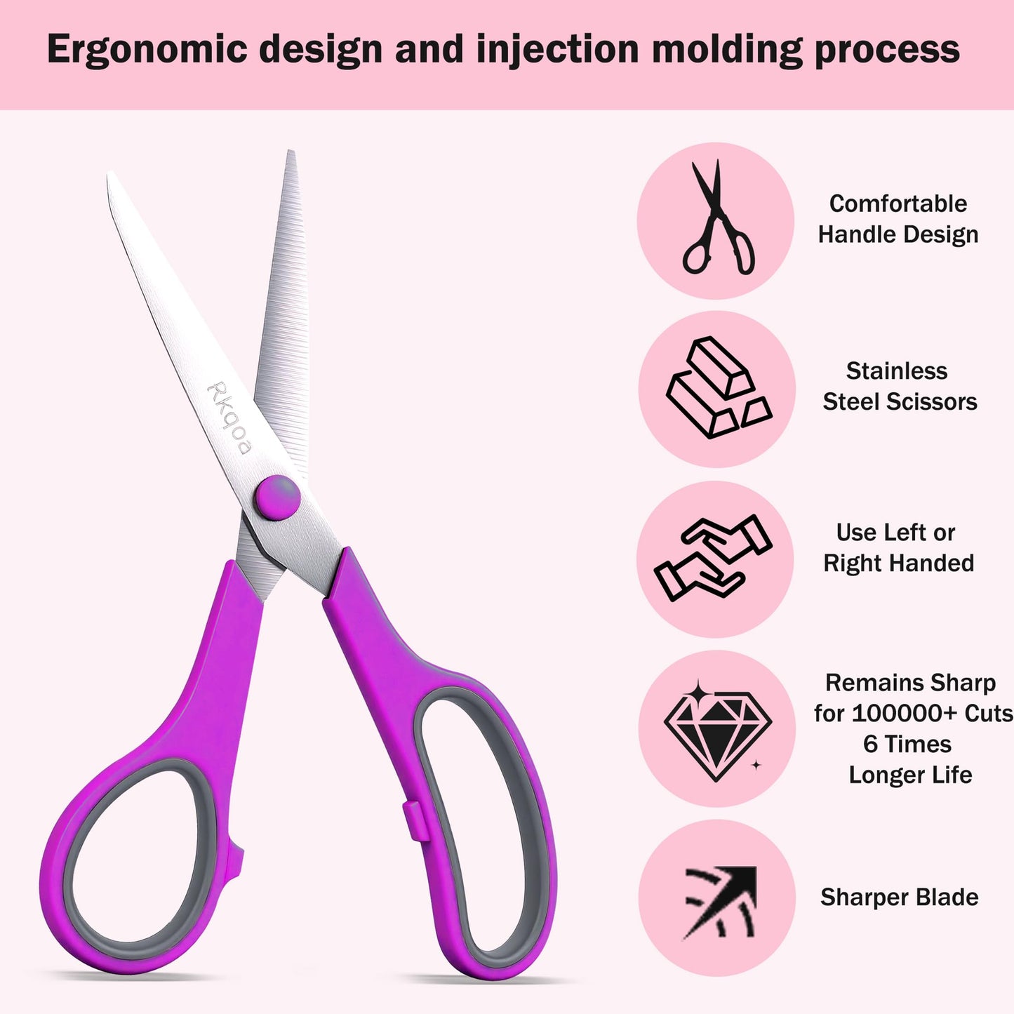 Scissors, Rkqoa 8" Scissors All Purpose 6 Pack - Comfort-Grip Sharp Scissor for Office School Adult Art Sewing Fabric Craft Supplies, Teacher/Classroom Everyday Use, Right/Left Handle