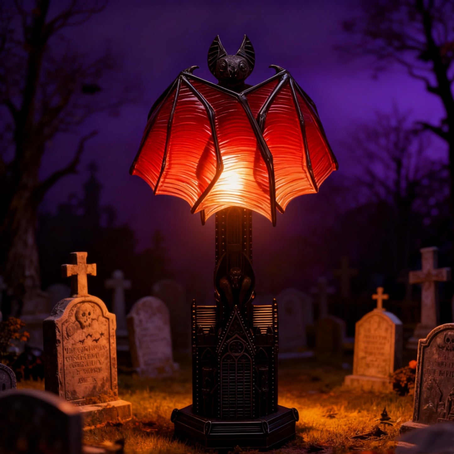 Gothic Wings of Night Halloween Lamp, Gothic Wings of Night Halloween Light with Red Glow, Handcrafted Resin, Cathedral Base Vampire Table Lamp for Spooky Horror Room or Witchy Nights Setting