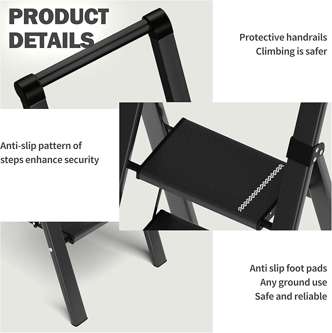 Taranta 4 Step Ladder,Liahtweight Aluminum Laddewith Handgrip, Portable Folding Stepladder with Anti-SlipPedalfor Home, Ofice, Kitchen 330lbs - Black