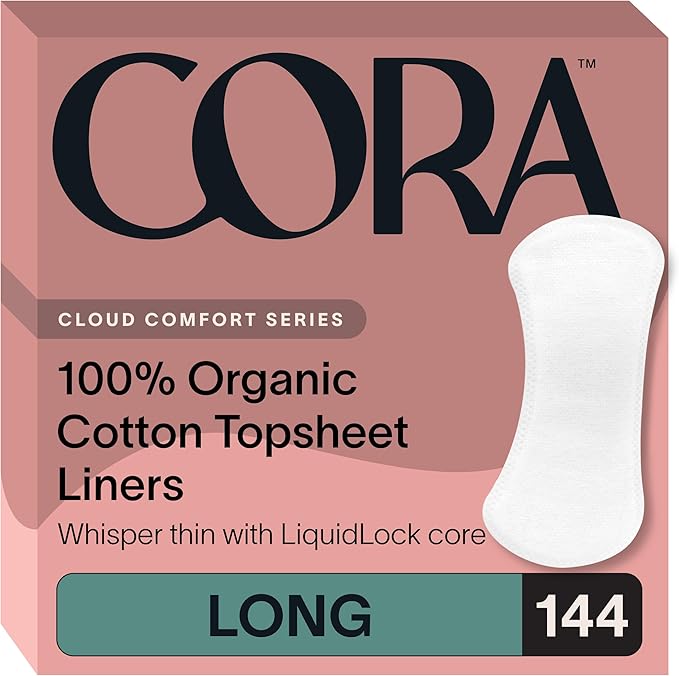 Cora Period Long Liners | 100% Organic Cotton Topsheet | Ultra Thin, Quick Absorbency | Hypoallergenic | Dermatologically Tested | Unscented, No Wings (144 Long Liners)