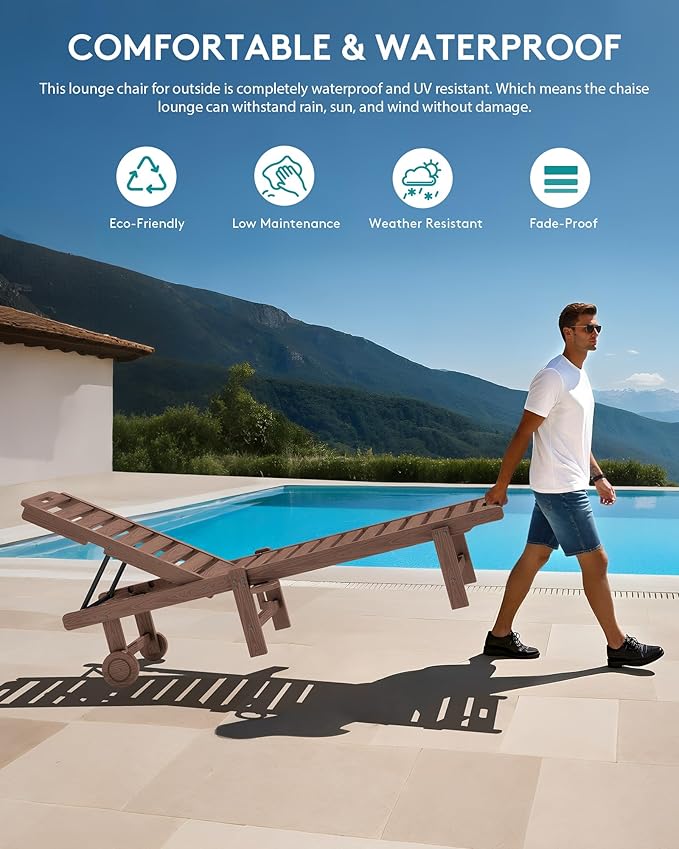 SERWALL Outdoor Chaise Lounge Set of 2, All-Weather HDPE Pool Lounge Chairs with 5-Position Adjustable Reclining Backrest, Rolling Wheels & Cup Holder for Poolside, Brown