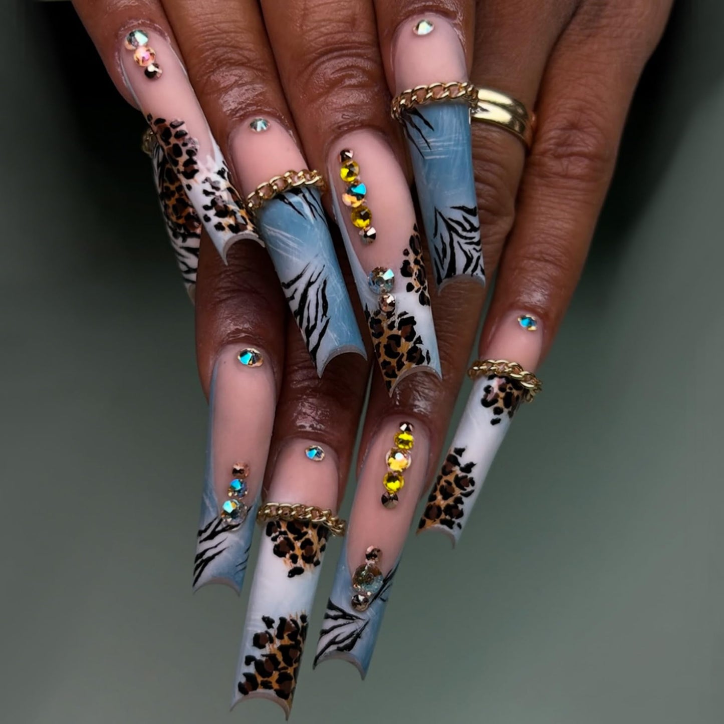 SEENEEY Long Press on Nails Square Fake Nails Blue Artificial Nail French Rhinestones and Leopard Designs Stick on Nail for Women 24pcs