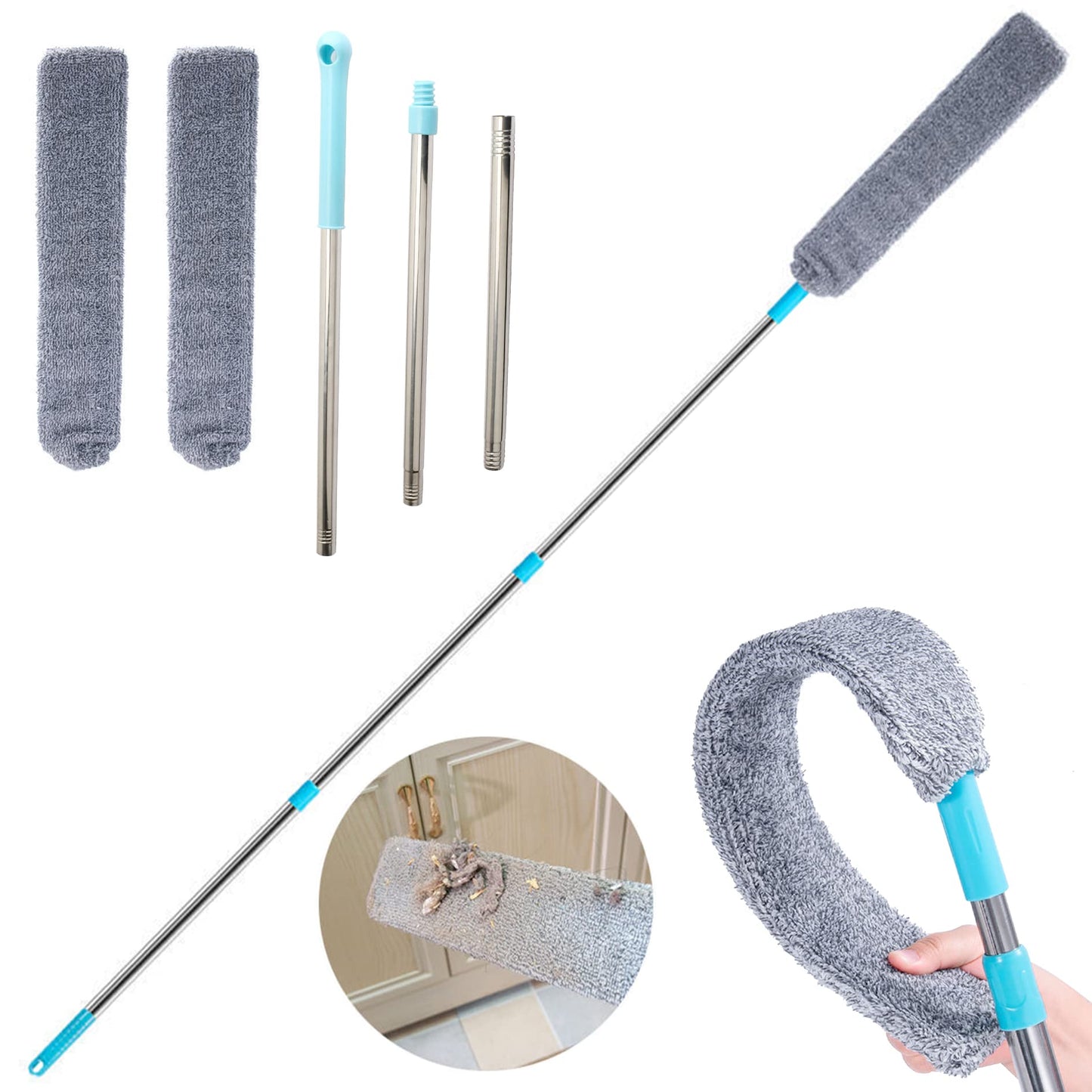 Retractable Gap Dust Clean Under Appliance Microfiber Duster Dust Cleaning Brush with Extendable 3 Pole (31.5''-59.1''),Bendable Removable Washable Gap Dust Cleaner for Sofa Bed Furniture Bottom