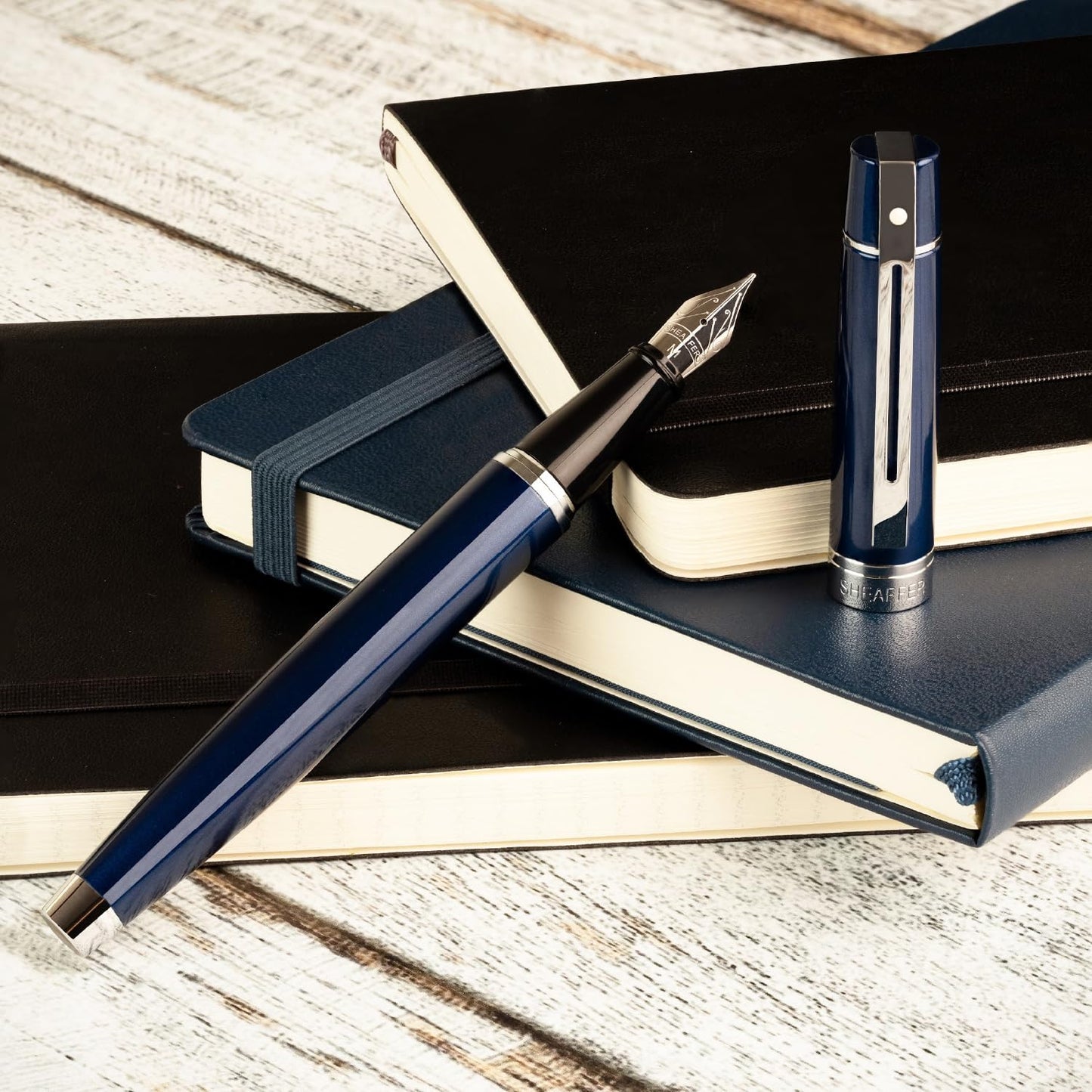 Sheaffer 300 Glossy Blue Lacquer Fountain Pen with Chrome-Plated Trim and Medium Nib