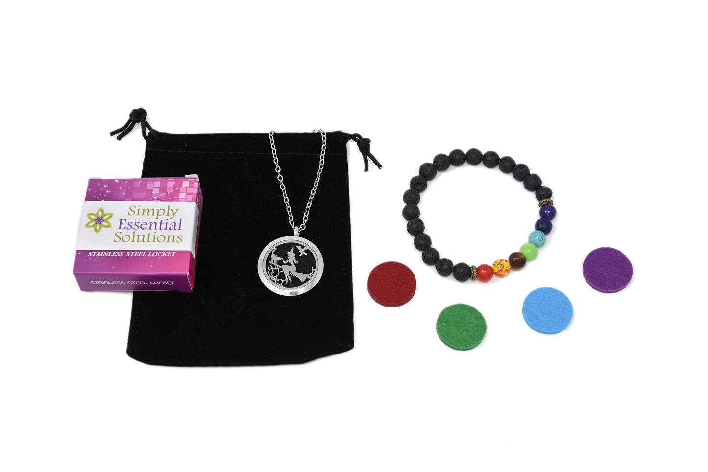 Aromatherapy Essential Oil Diffuser Stainless Steel 30MM Silver Magnetic Locket Pendant 2 Sizes Chain Necklace, Refill Pads & Diffuser Bracelet in a Velvet Bag (Witch)