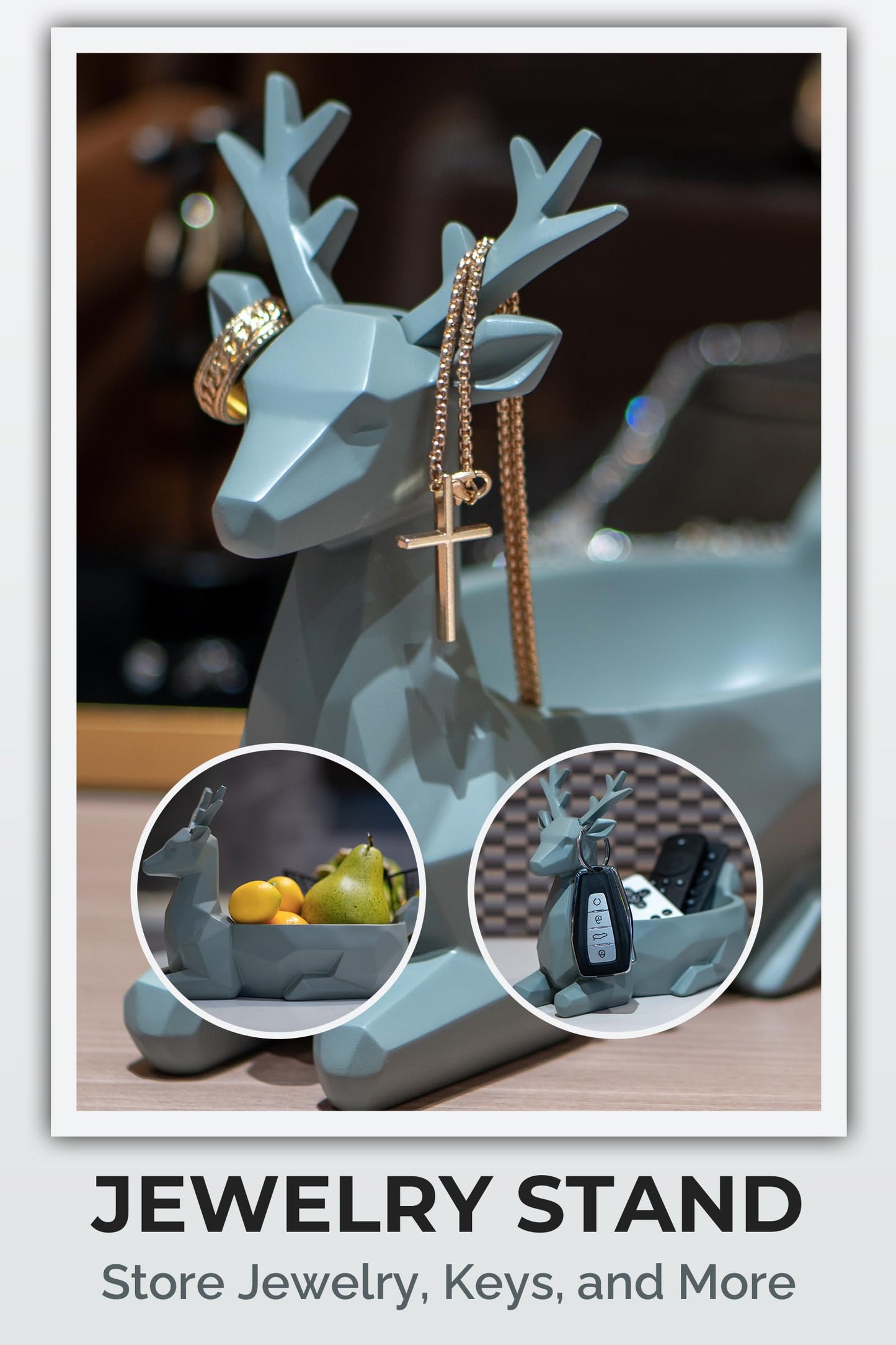 Fuzrea Low-Poly Deer Statue, Gray Resin Deer Candy Bowl & Key Holder, Reindeer Candy Dish Home Decor for Living Room, Office, Dining Table, Shelves, Entryway