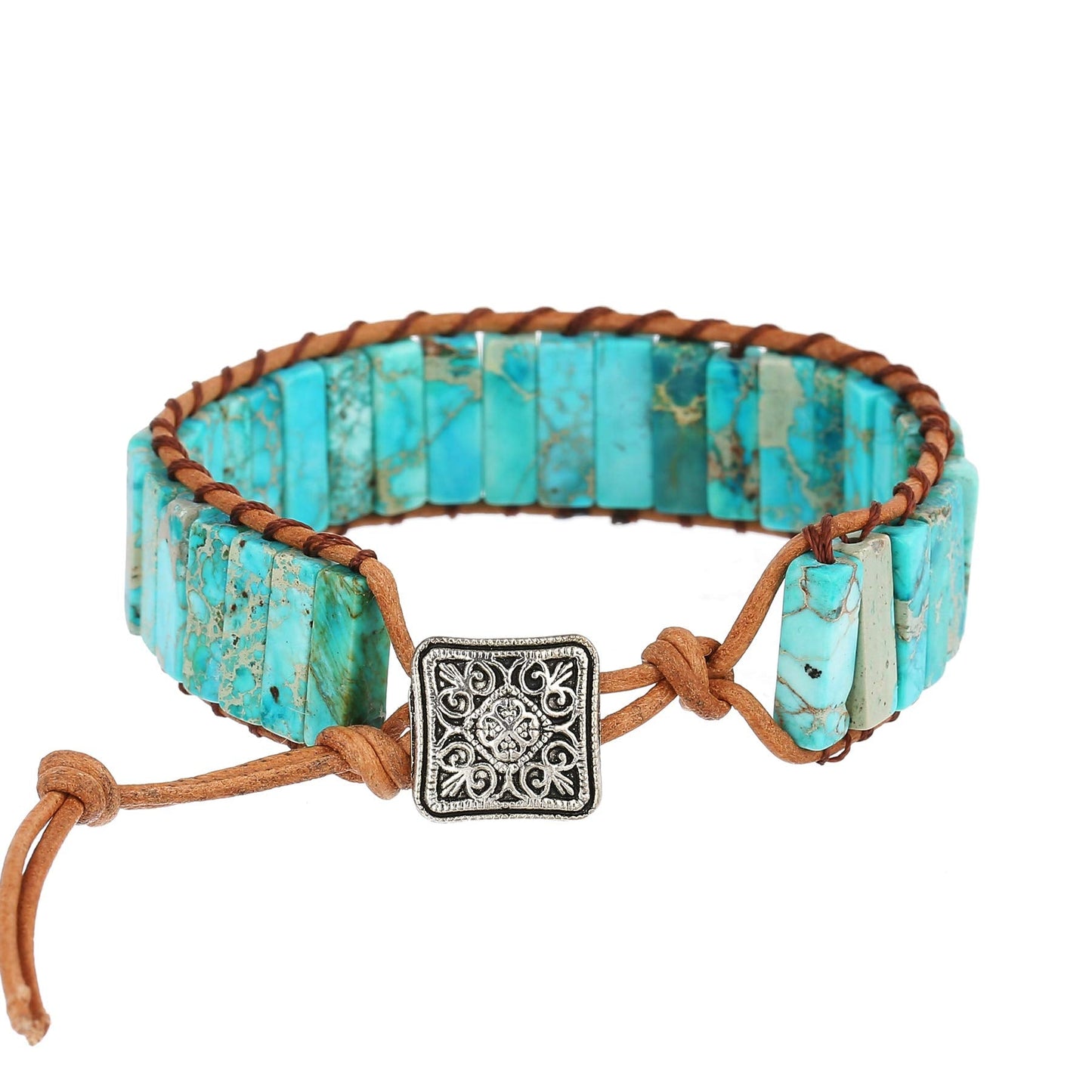 Plumiss Leather Chakra Handmade Turquoise Blue Imperial Jasper Healing Stone Wrap Adjustable Bead Bracelet Gift for Women Men