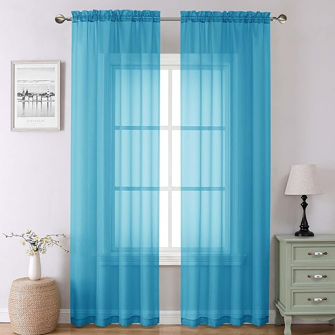 Lecloud Turquoise Sheer Curtains 90 Inches Long 2 Panels, Elegant Gauzy Airy Light Filtering Curtain, Voile Home Decor Drapes with Dual Rod Pocket for Bedroom Living Room, Each 42" W x 90" L