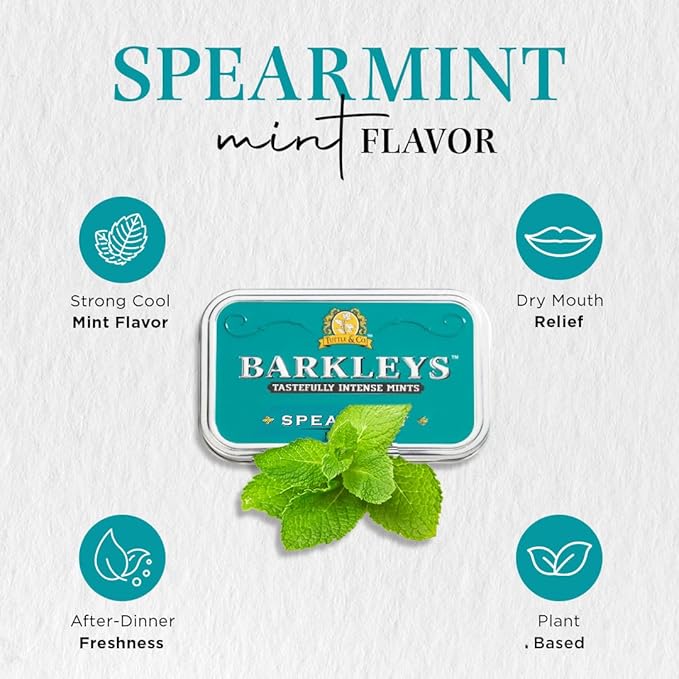 Barkleys Spearmint Breath Mints - Strong Spearmint Flavor Cool Mint Candy For Party, After Dinner, Wedding, Every Day Use - Vegan Breath Mints In Reusable Classic Travel Tins, 6 Pack - 50 Count Each