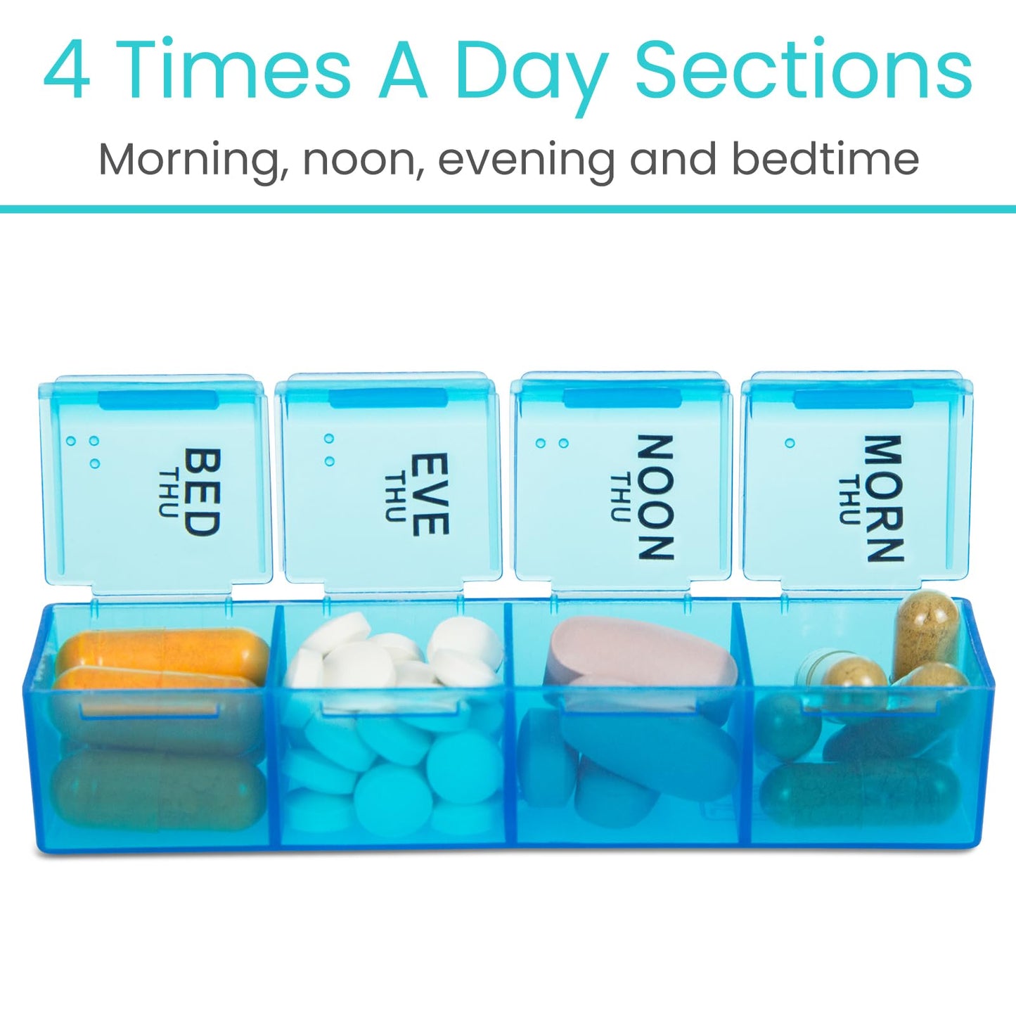 Vive Weekly Pill Organizer 4 Times a Day - 7 Days Pill Boxes for Morning, Noon, Evening, Night - Extra Large Medicine, Vitamin & Supplement Dispenser with Premium Leather Case
