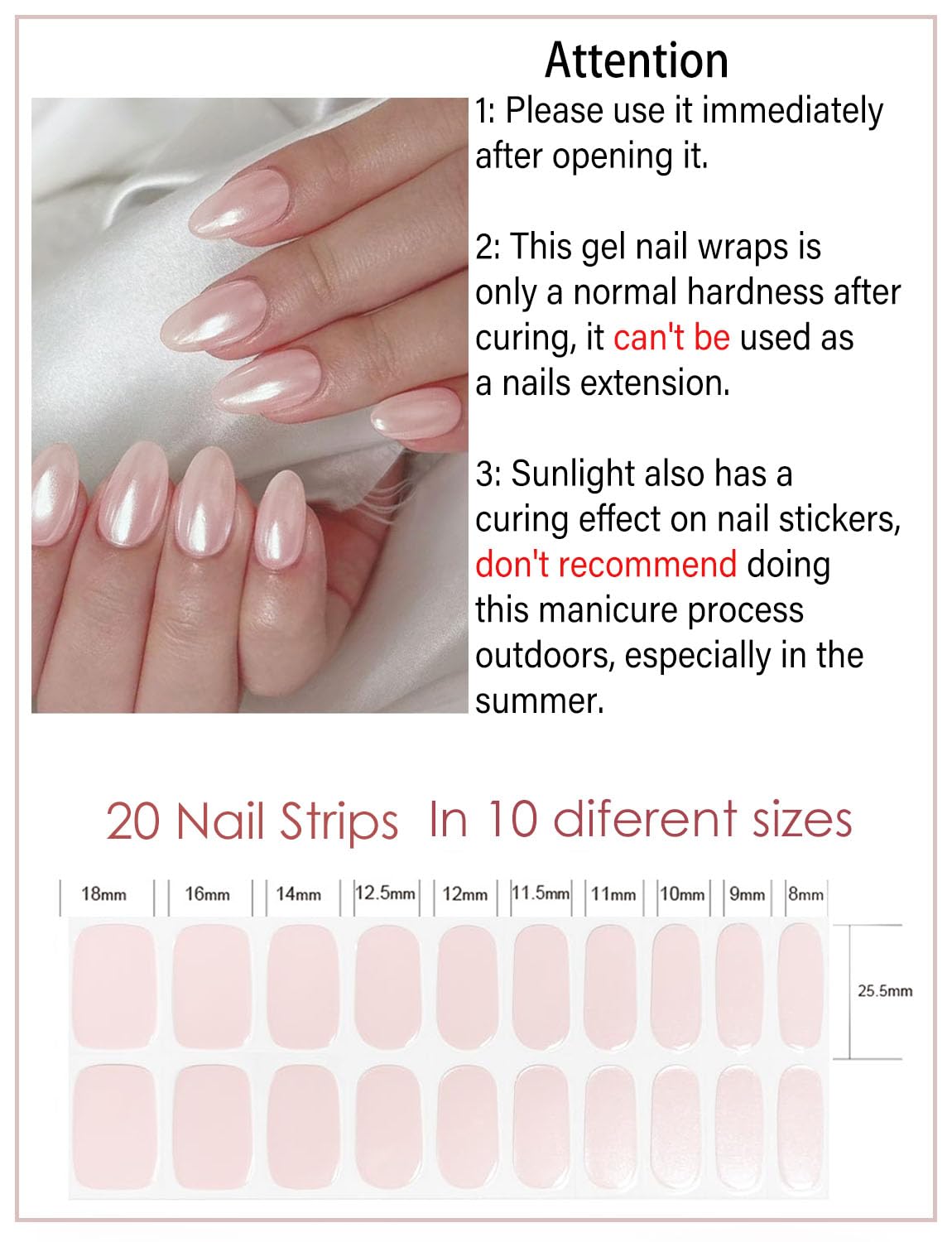 Wahrshei Semi Cured Gel Nail Strips, 20pcs Pink Pearl Shimmer UV Nail Stickers, Stick on Nail Wraps for Home Nails DIY