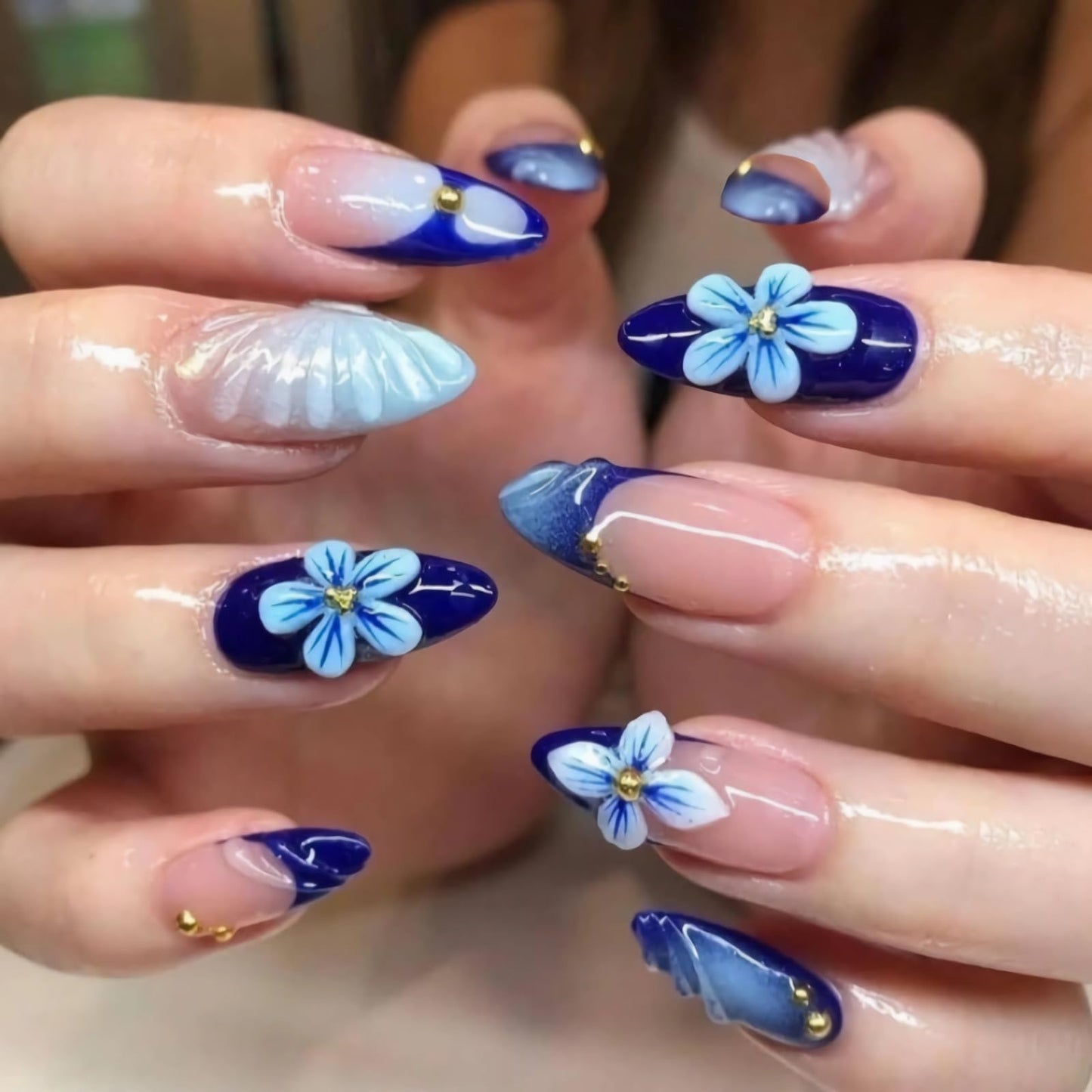 MISUD Press on Nails - Medium Almond Fake Nails with Navy Blue, Acrylic Handmade 3D Flower Gel Design 24 pcs
