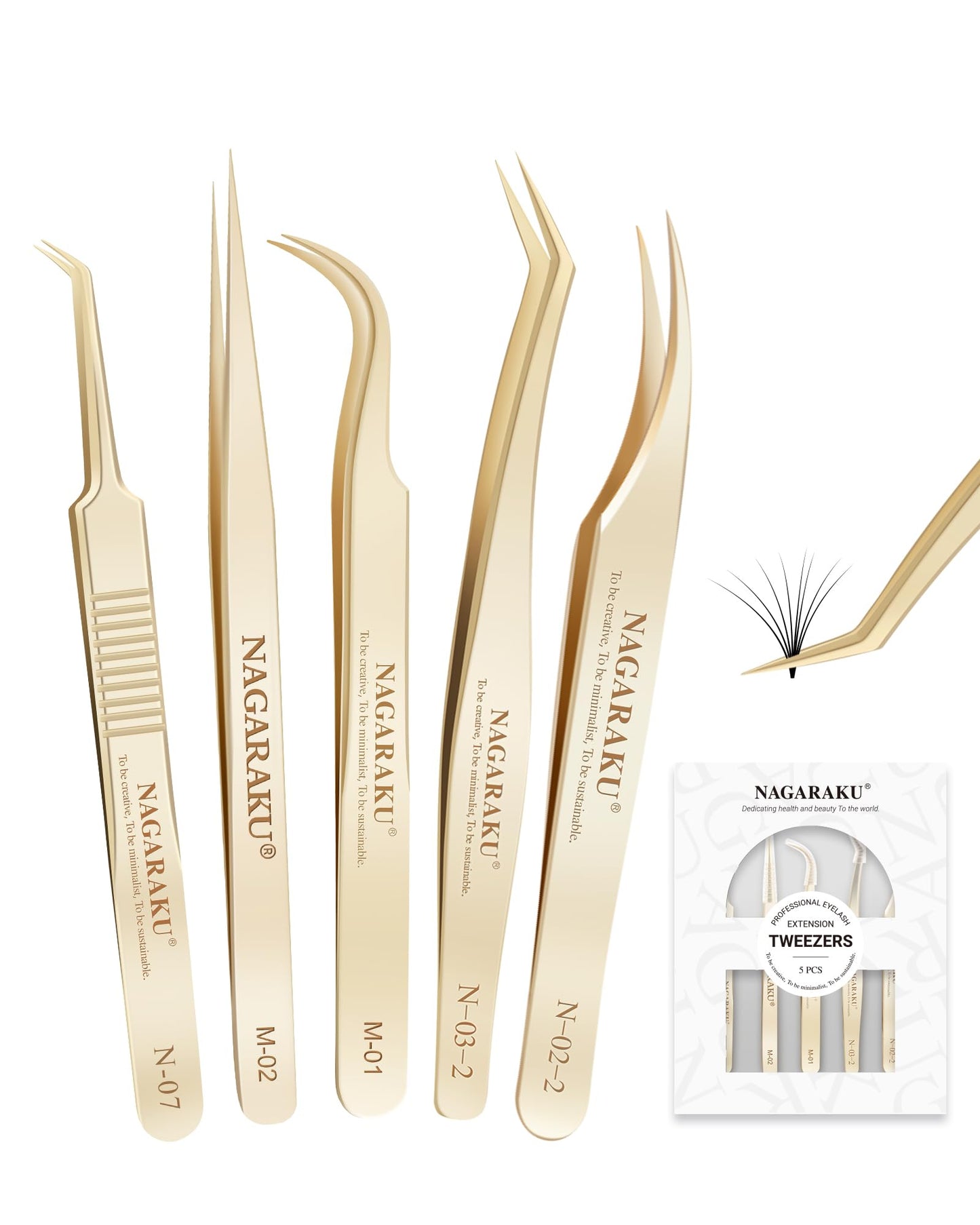 NAGARAKU Professional Eyelash Extension Tweezers, Precision Tip Stainless Steel Lash Tool Straight & Curved for Individual & Volume for Salon & Personal Use, 5 PCS Tweezers Set Easy Fanning with Case