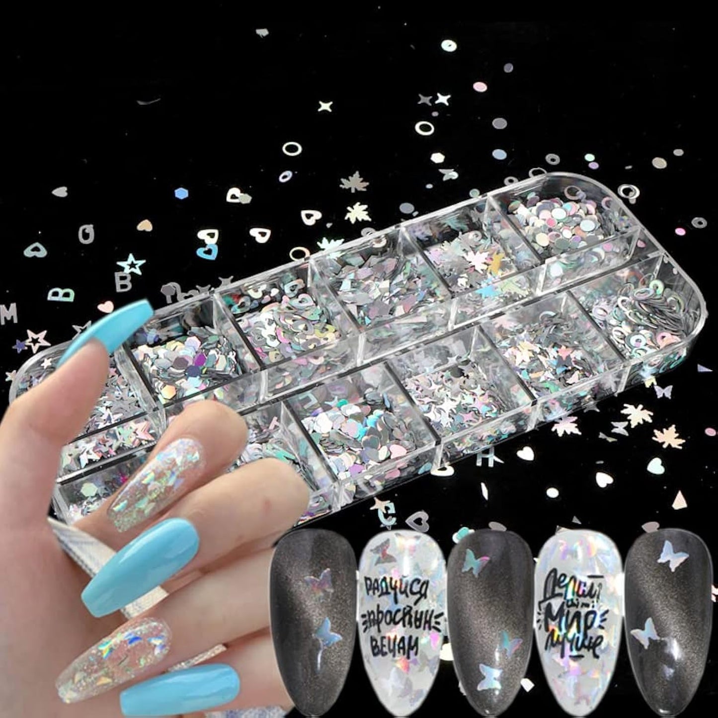 Vezocim Silver Glitter Nail Flakes Holographic 3D Glitters Sequins Decorations, Heart Circle Letters Butterfly Design Supplies DIY Sparkly Resin Nail Art Tips
