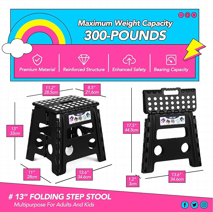 Delxo Folding Step Stool 13 Inch 2 Pack, Black Non-Slip Foldable Stools for Kids & Adults Up to 300 LBS, Step Stool with Handle, Lightweight for Kitchen/Bathroom/Bedroom/Garden