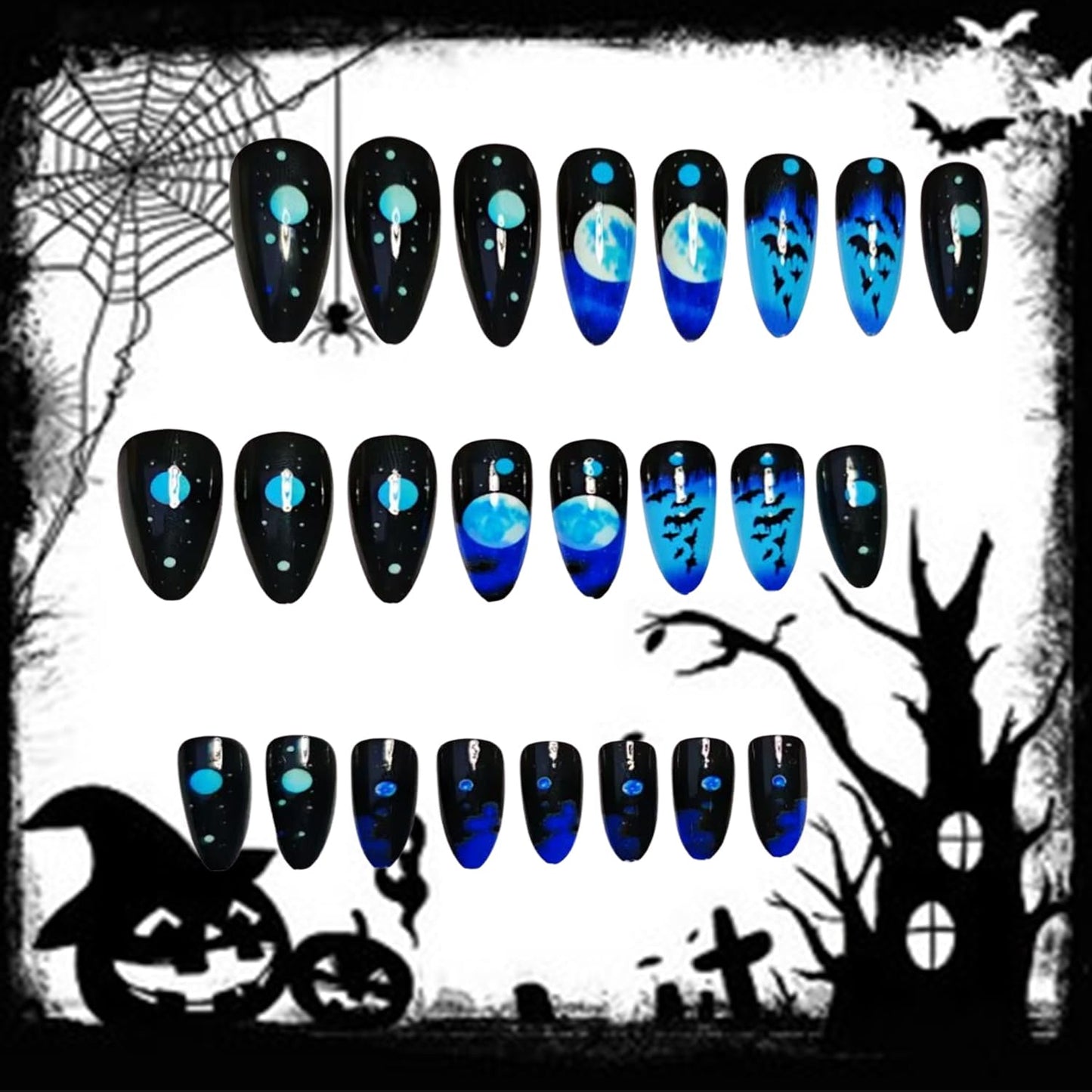 Almond Tip Halloween Press on Nails Long Horror Bat Moon Pattern Halloween Nail Full Cover Glossy Artificial Acrylic False Nail French Tip Blue Gradient Stick on Nails for Women Festival Decoration