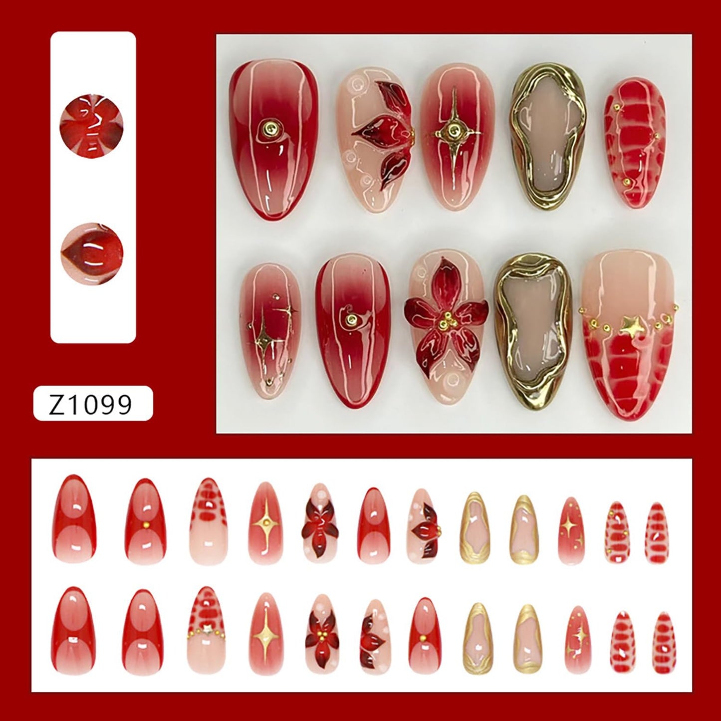 EYZOTSF Press on Almond Nails Medium Length Glossy Full Cover Acrylic Almond Shaped False Nails with Designs Artificial Fake Nail with Charms Glue Stick ons Fingernails for Women Girls(Z1099)