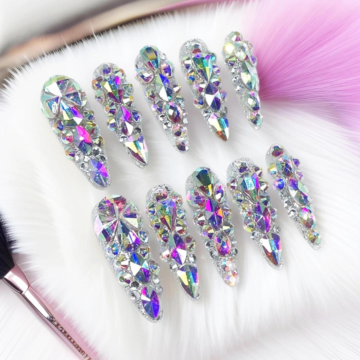 Handmade 3D Full AB Rhinestone Stiletto Press On Nails, Luxury Shiny Artisan Nails Set, Reusable Glossy Press-ons with Tool Kit(S)