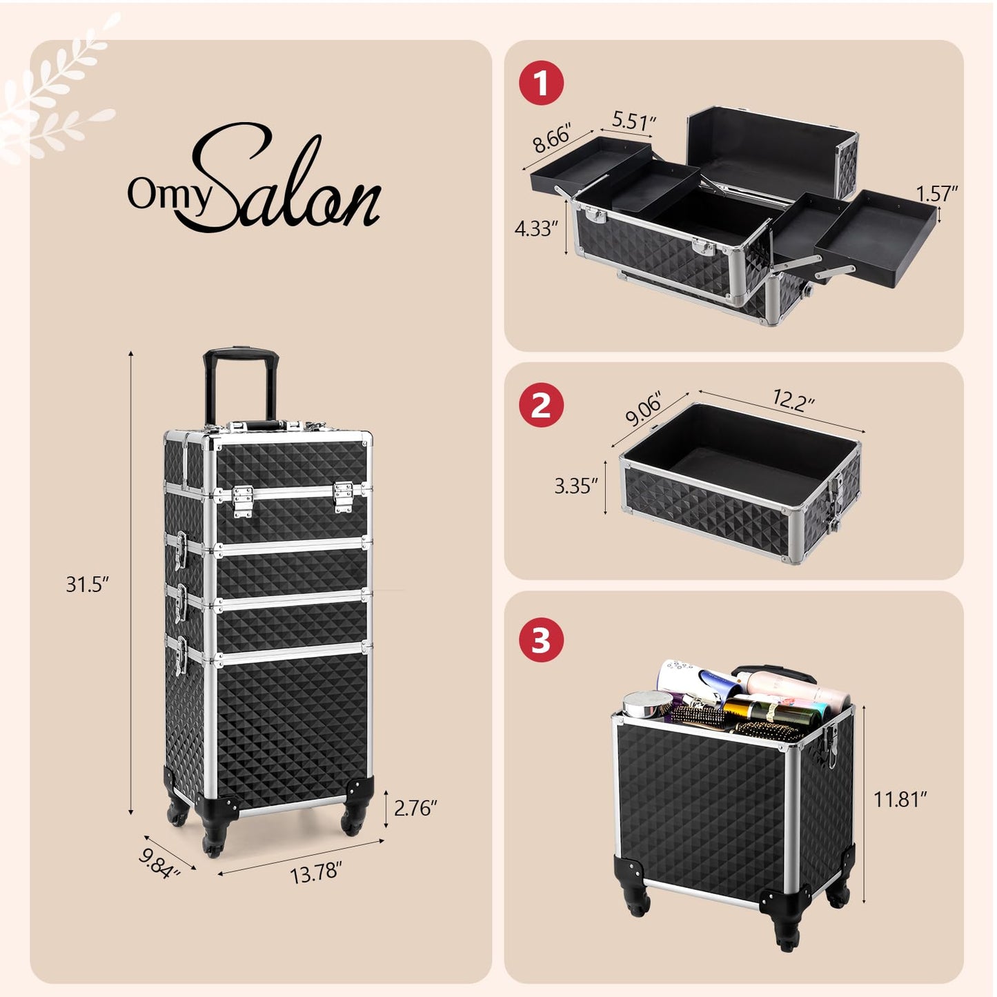 mefeir 4-in-1 Rolling Makeup Train Case Lift Handle,4 Removable Wheels Lockable Keys,Aluminum Cosmetic Trolley Beauty Stylist Artist Organizer Box,Ideal Xmas New Year Gift (Diamond Black)