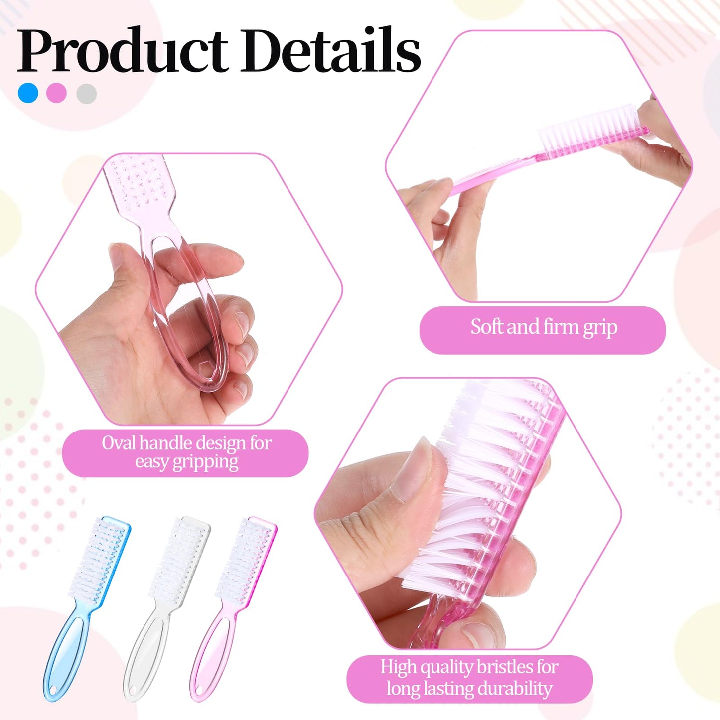 60 PCS Nail Scrubber Brush Set, Handle Grip Nail Brush Bulk Fingernail Scrubber, Pedicure Cleaning Brushes for Toes and Fingernails Cleaning, 3 Colors