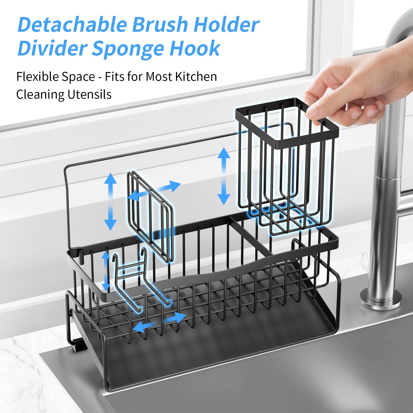 Adurei Sponge Holder for Kitchen Sink 304 Stainless Steel Self-Draining Sink Caddy with Smiley Face Sponge and Brush Holder Towel Bar and Divider Kitchen Gadgets Organizer for Countertop, Black