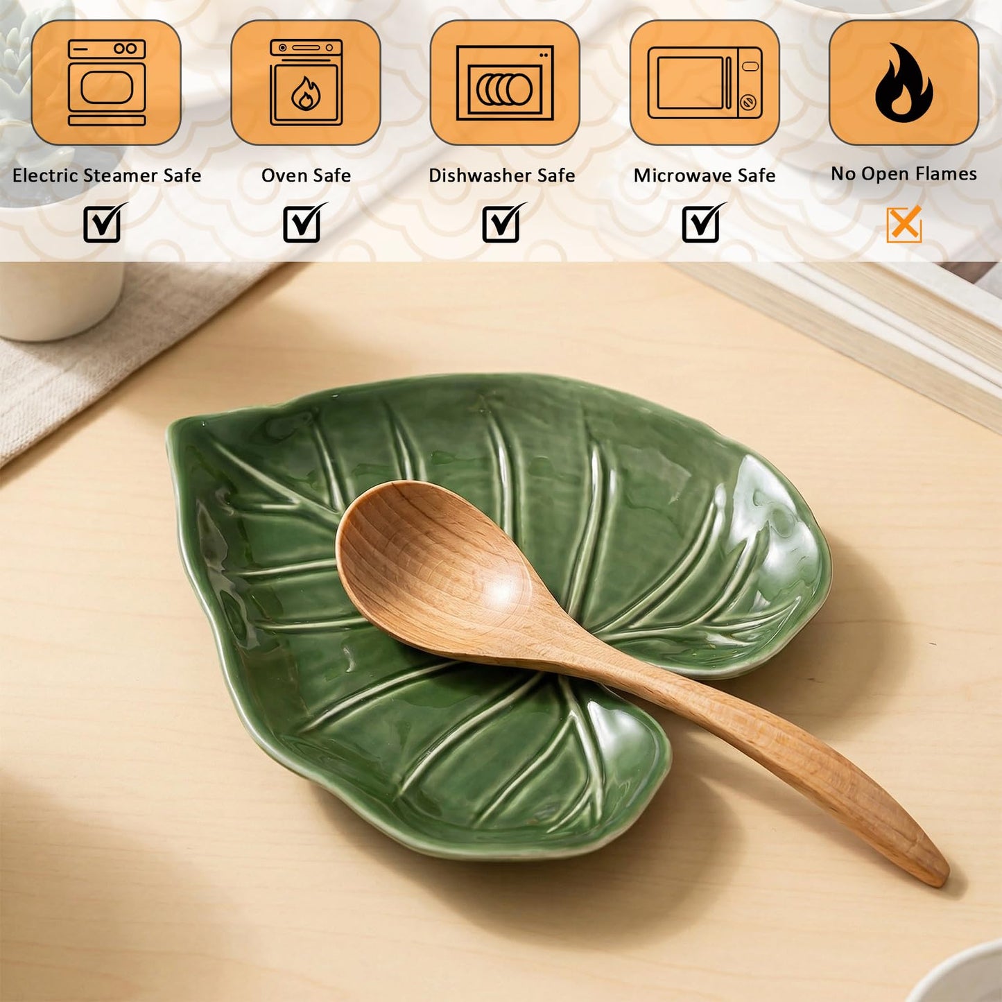 WBXZIXN Spoon Rest for Stove Top, Green Leaf Shaped Spoon Holder, Ceramic Spoon Rest for Kitchen Counter, Cute Spoon Rests Spatula Rest Modern Farmhouse Kitchen Decor