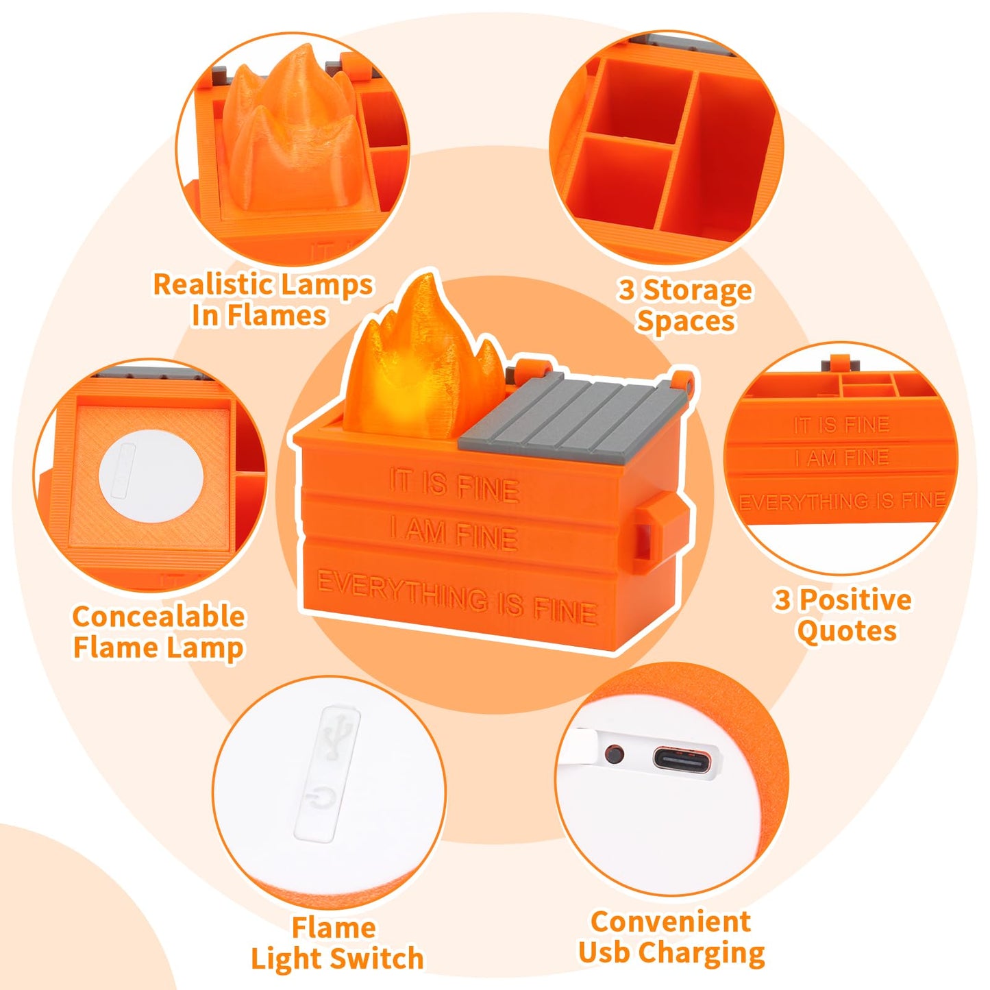 Dalycro Dumpster Fire Pencil Holder Fun Desk Accessories with Removable Flame Light Touch Dimming Mode & USB Charging Port Perfect Pen Holder for Desk, Funny Gift for Coworkers