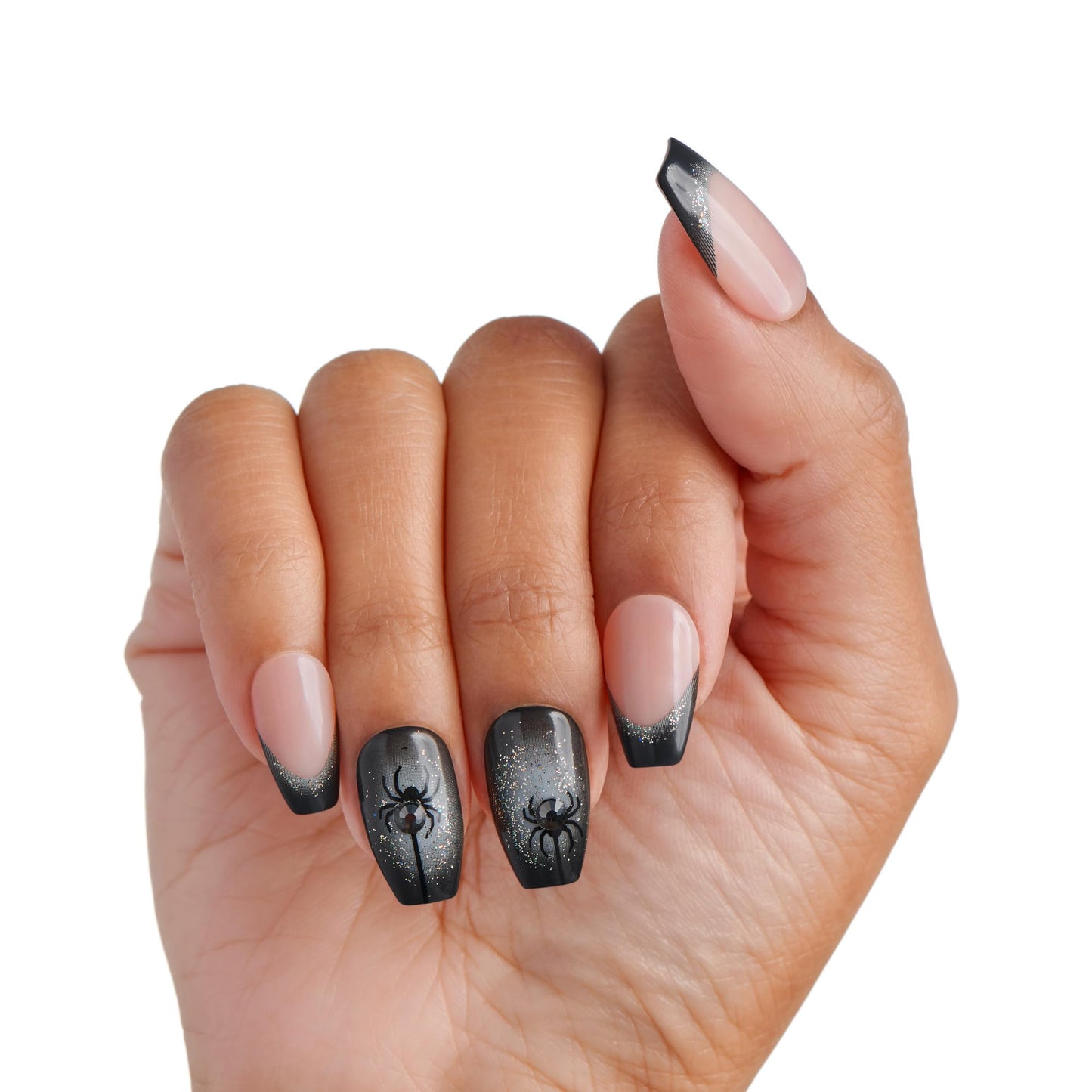 KISS imPRESS Halloween Press On Nails, ‘Bad Idea right’, Black, Medium Coffin, Glossy Finish, No Glue, Glow-In-The-Dark, Includes Prep Pad, Mini Nail File, Manicure Stick & 30 Fake Nails