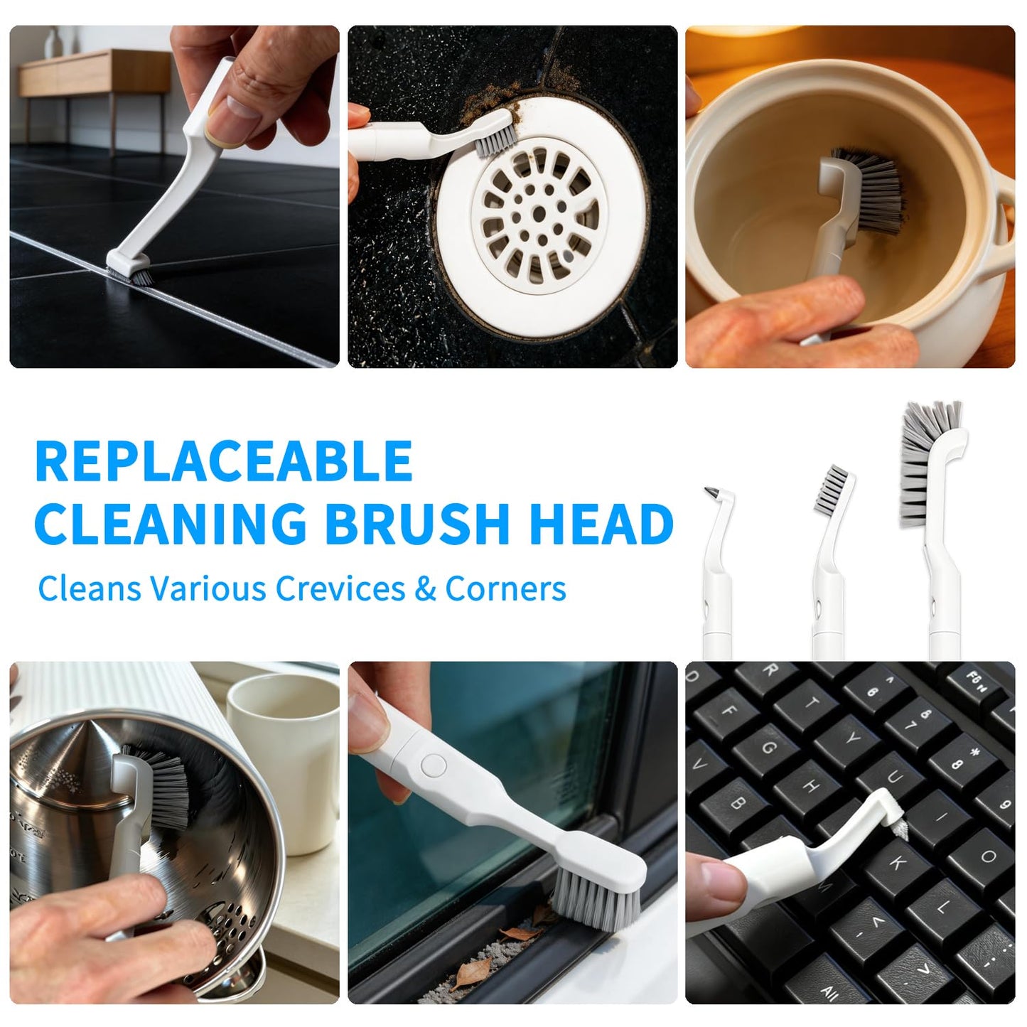 Small Scrub Brush, Hard Bristle Crevice Cleaning Brush Set with 6Pcs Brush Heads & 2Pcs Handles, Multifunctional Grout Scrubber Tools for Kitchen, Bathroom, Sink, Corner, Mug and Blender